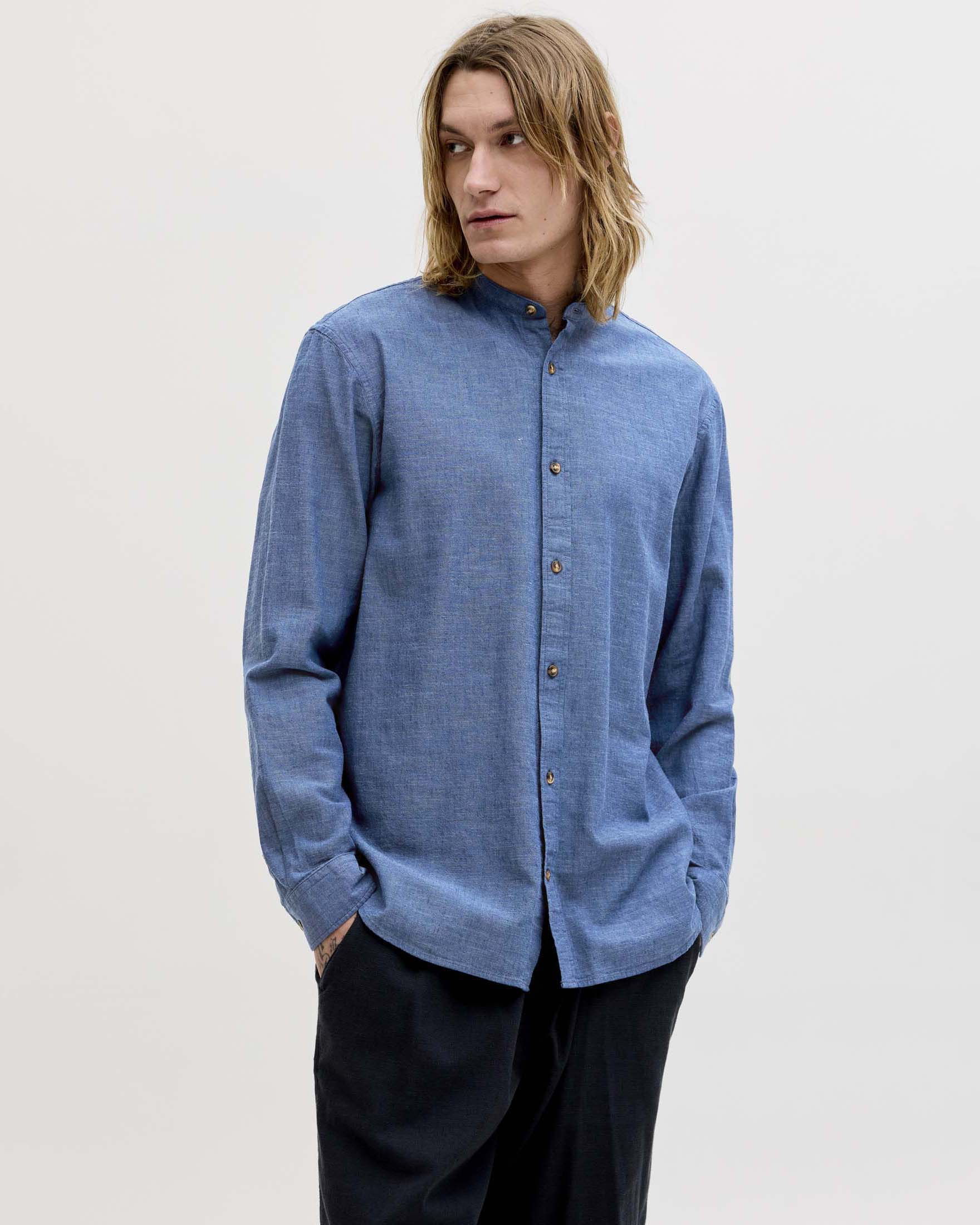 Camicia coreana Jack & Jones blu denim in misto lino e cotone image