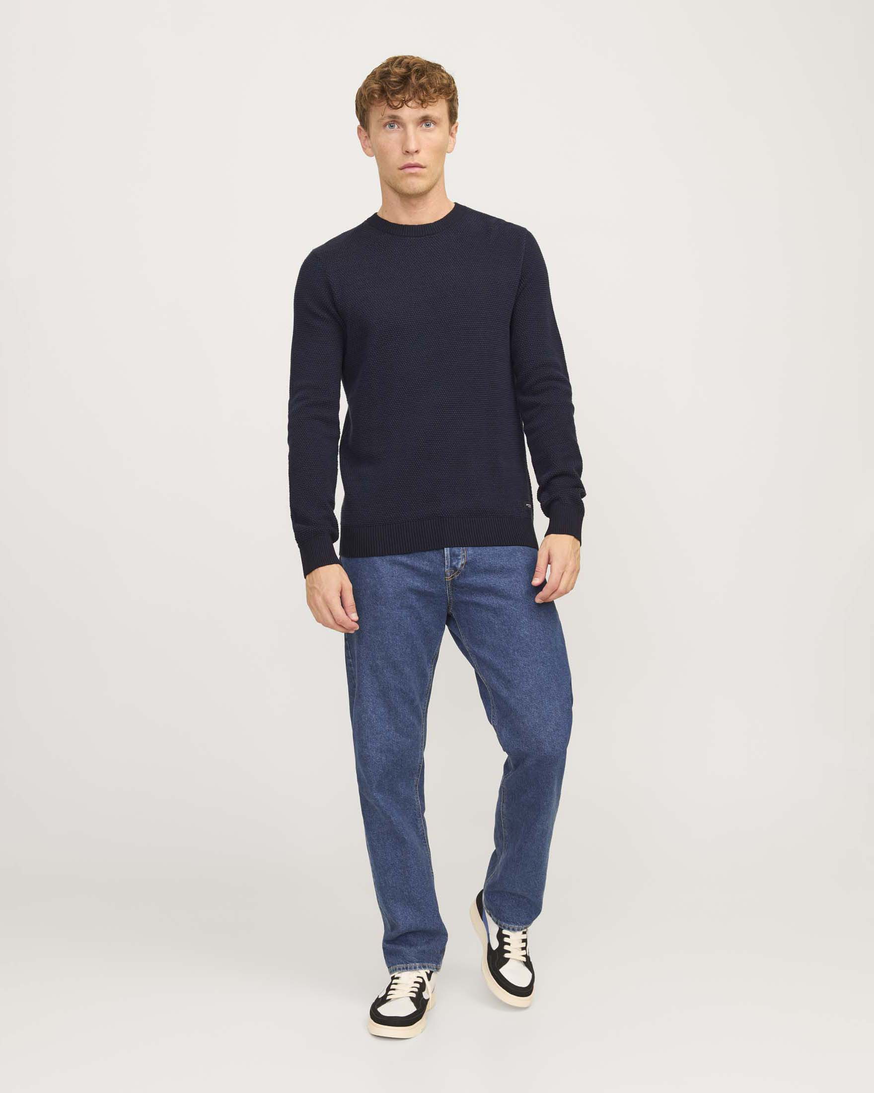 Maglia girocollo blu in puro cotone micro armatura