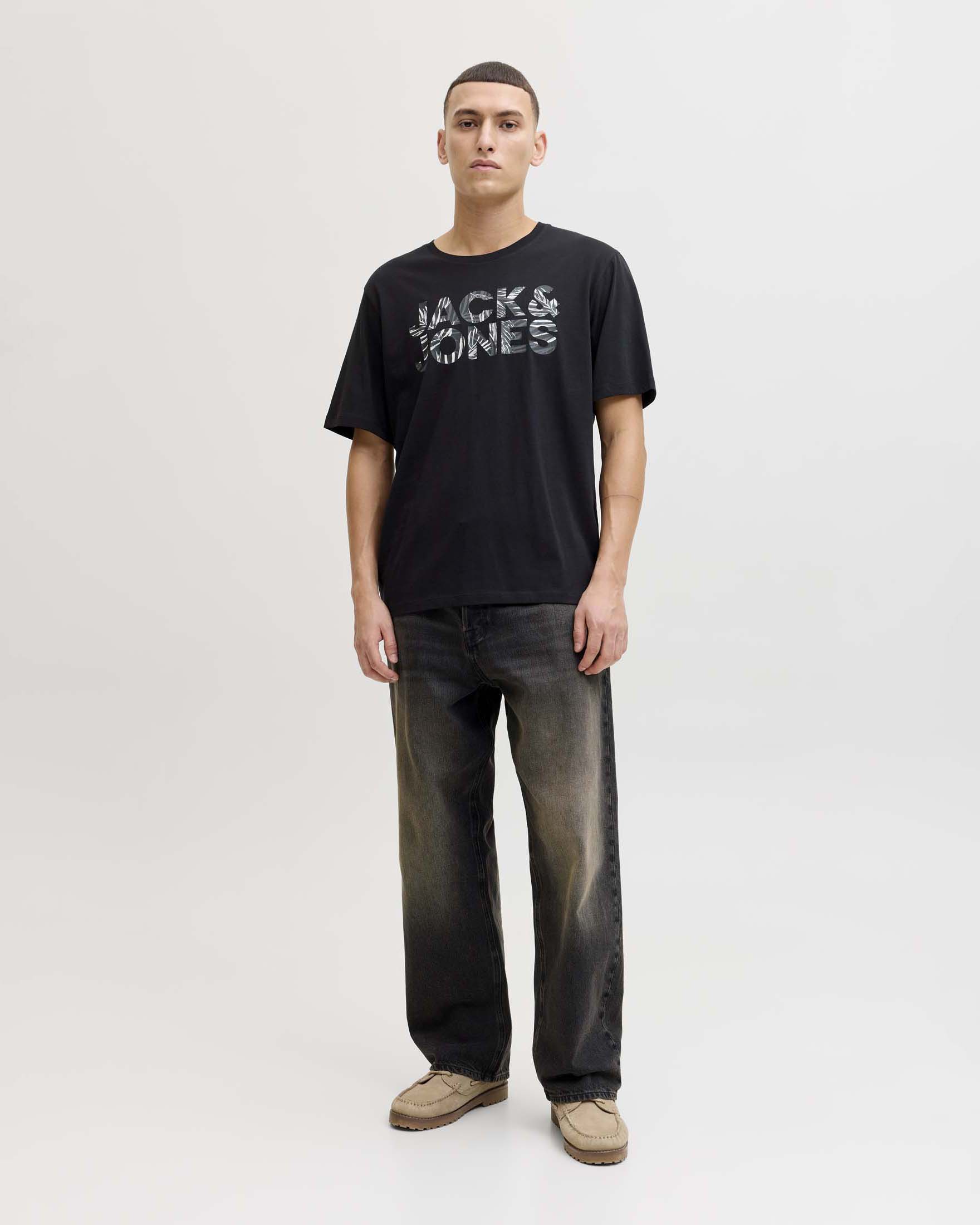T-shirt nera in cotone con stampa logo frontale grafica