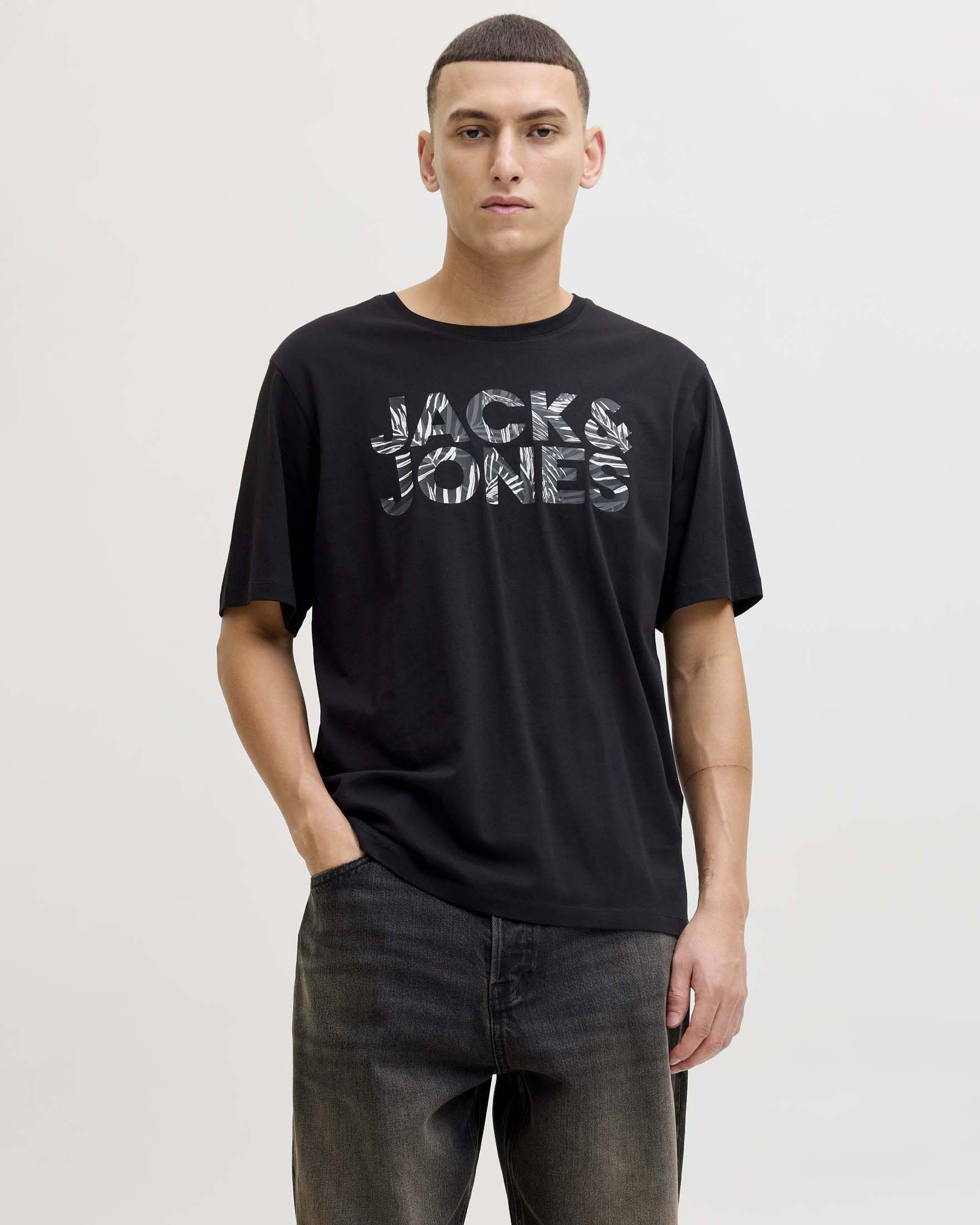 T-shirt Jack & Jones nera in cotone con stampa logo frontale grafica image