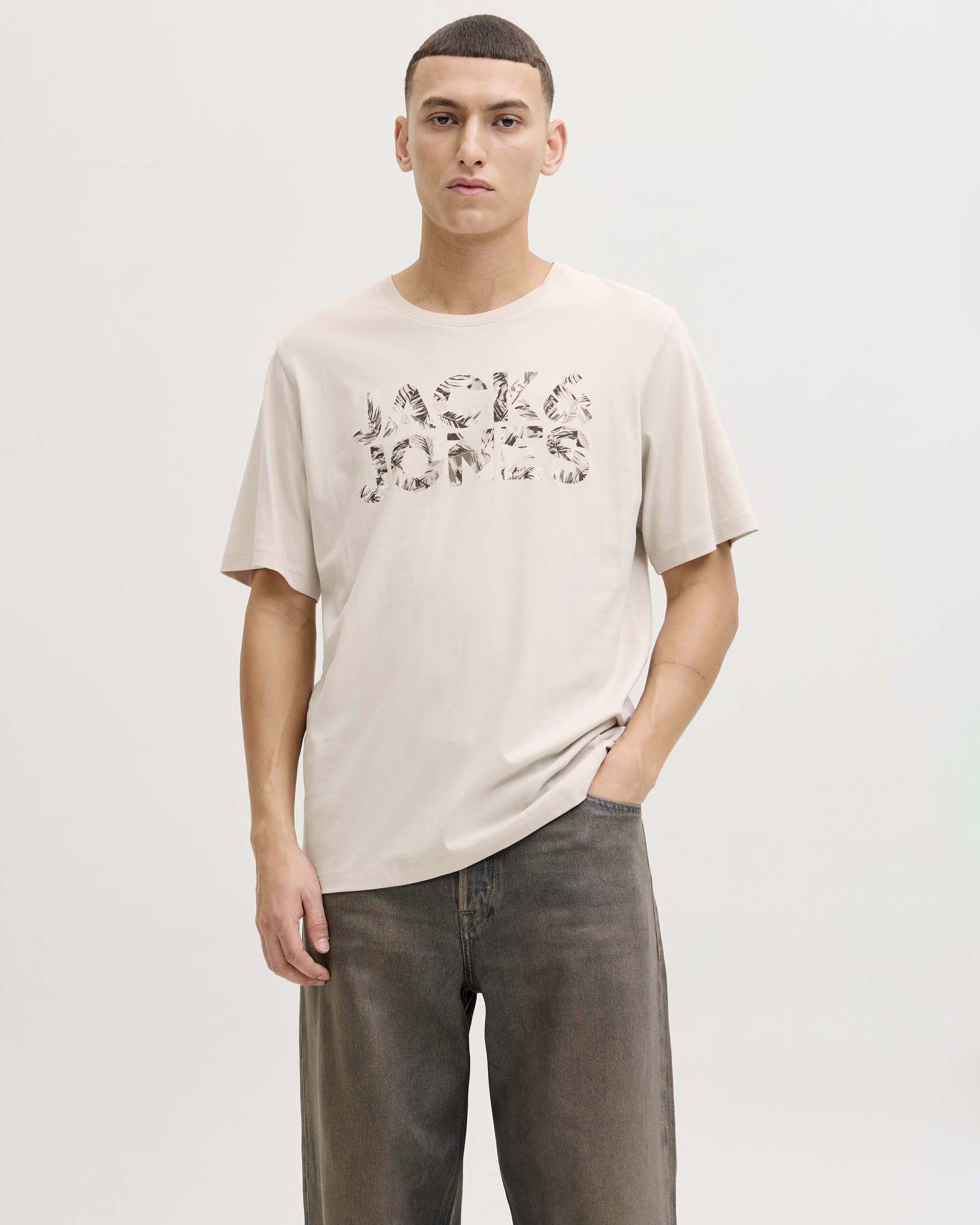T-shirt Jack & Jones beige in cotone con stampa logo frontale grafica image