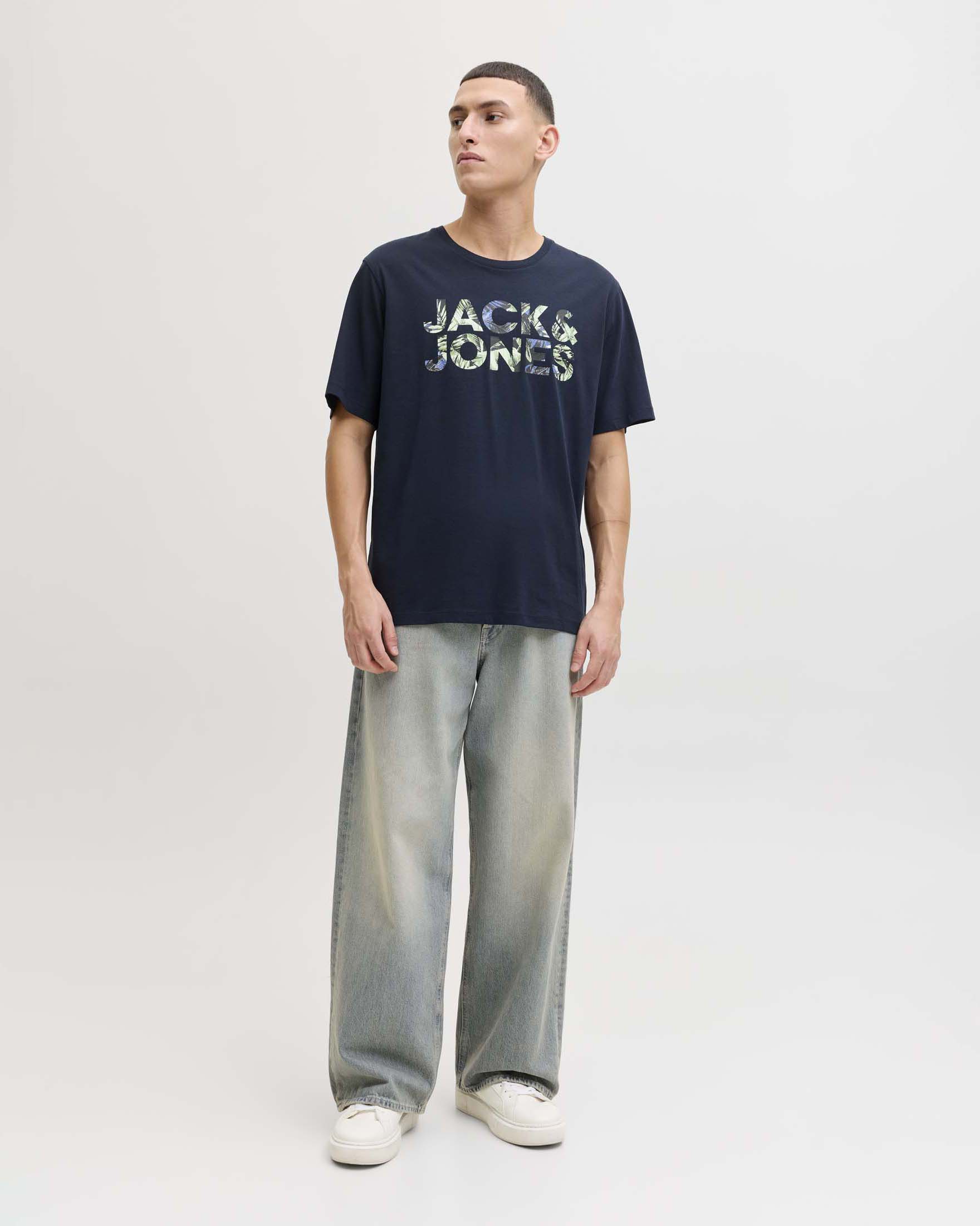 T-shirt Jack & Jones blu in cotone con stampa logo frontale grafica