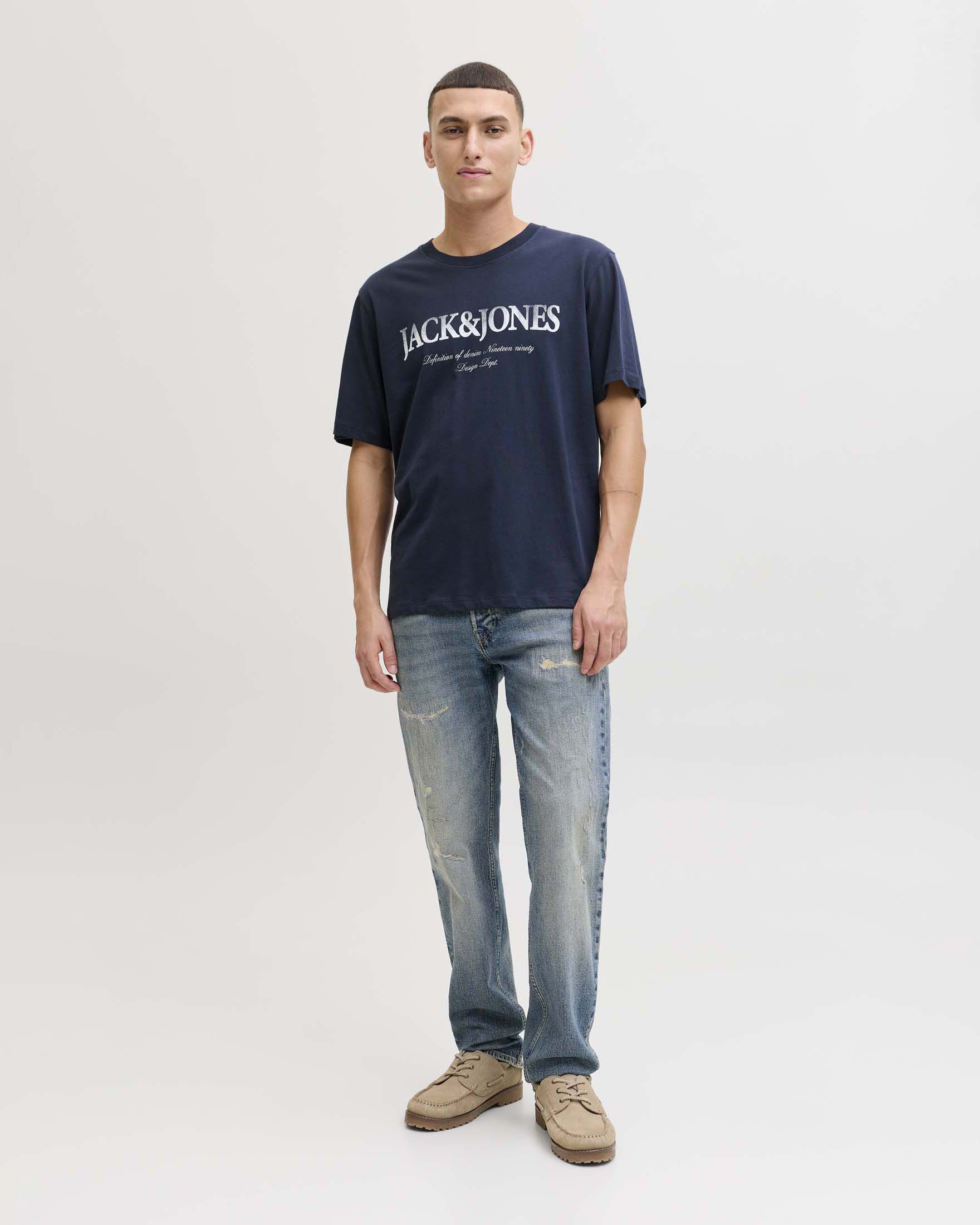 T-shirt mezza manica Jack & Jones blu in cotone con stampa logo frontale