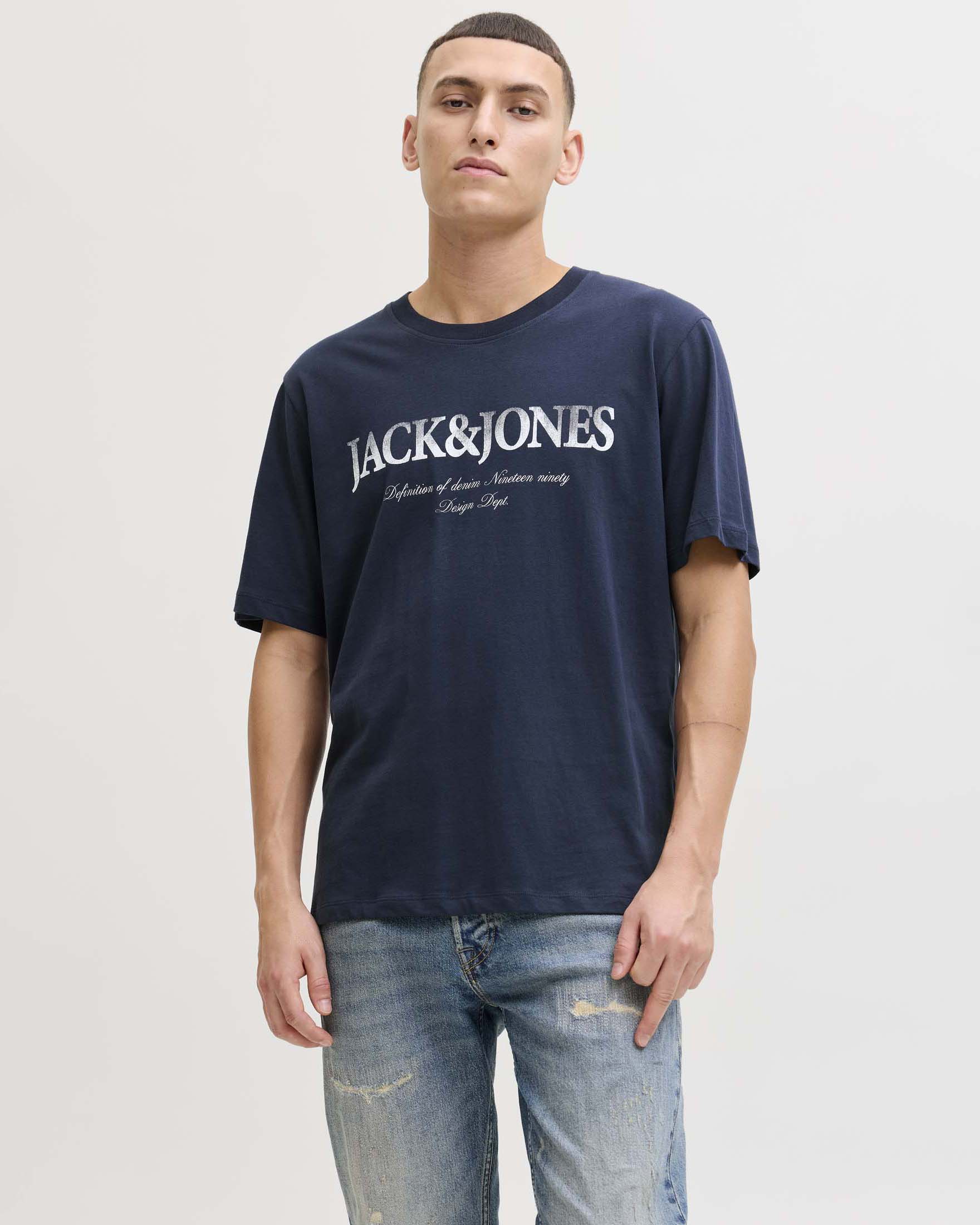 T-shirt mezza manica Jack & Jones blu in cotone con stampa logo frontale image