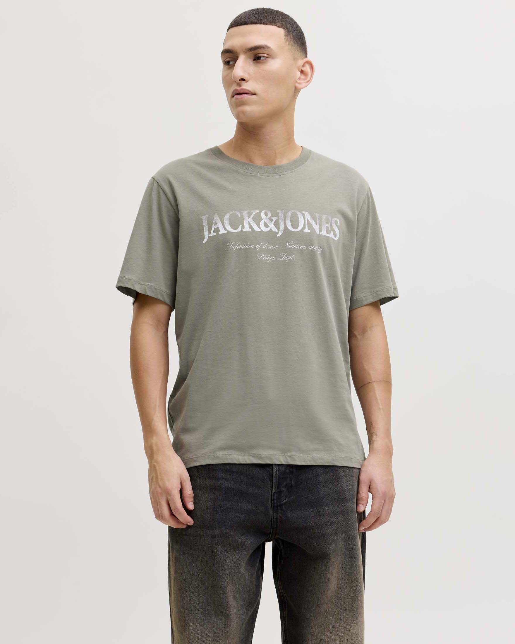 T-shirt mezza manica Jack & Jones verde militare in cotone con stampa logo frontale image