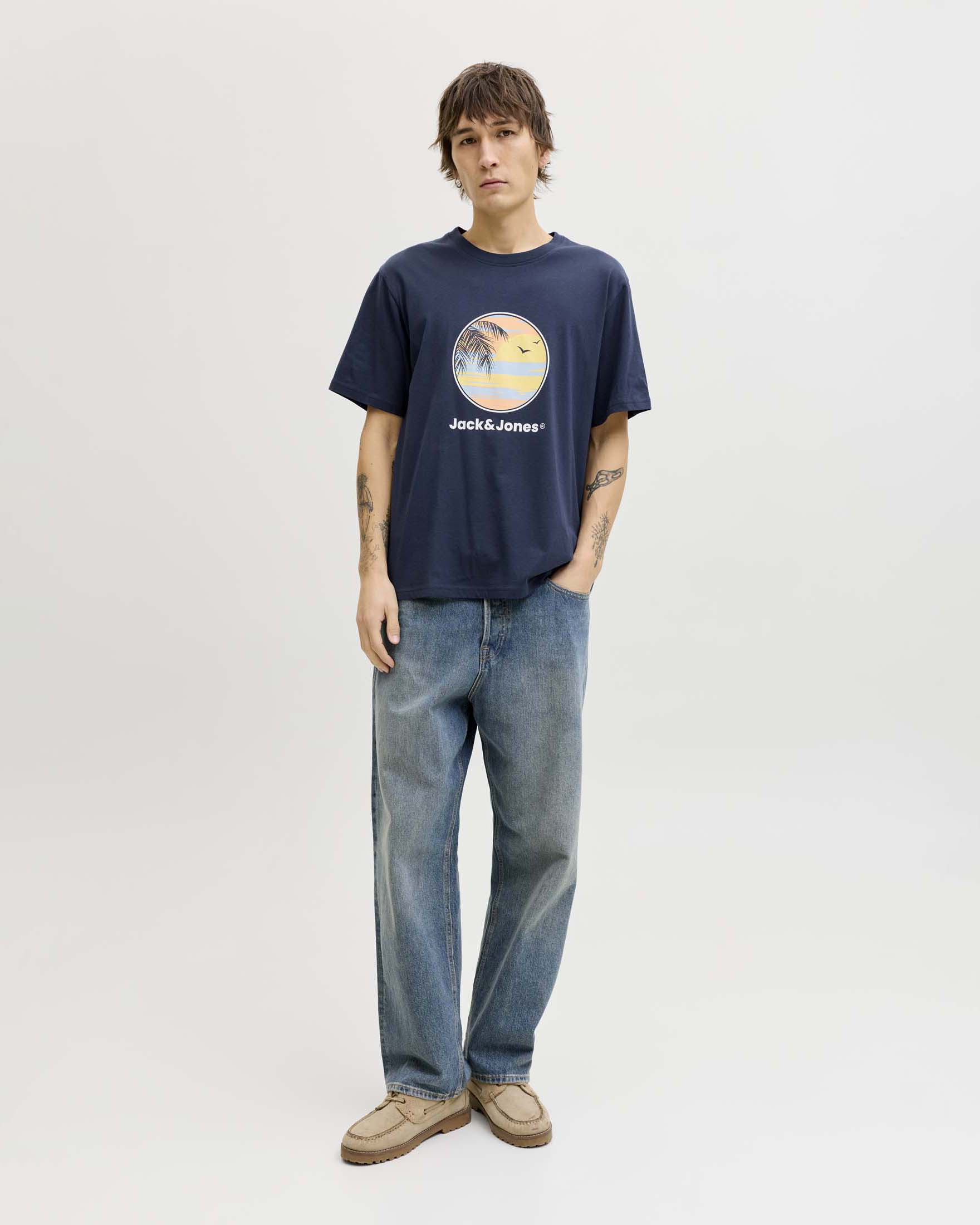 T-shirt blu in cotone con stampa frontale fotografica