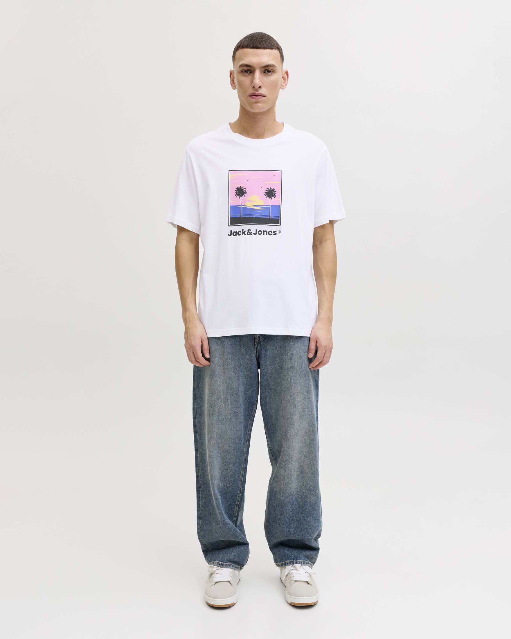 T-shirt bianca in cotone con stampa frontale fotografica