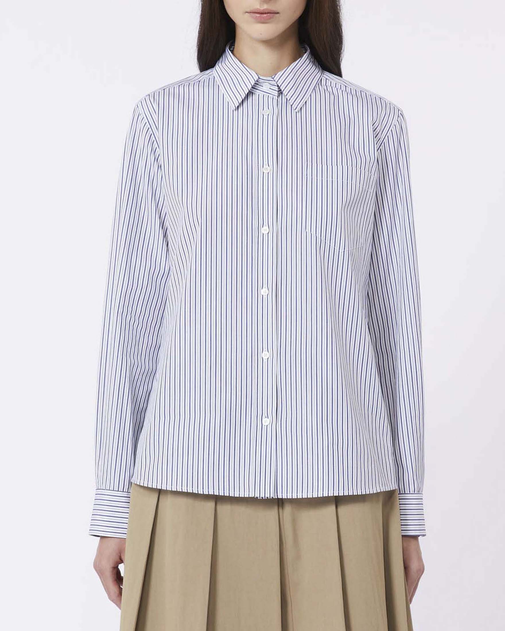 Camicia oversize a righe bianche e blu Weekend Max Mara in popeline di cotone con taschino applicato sul petto