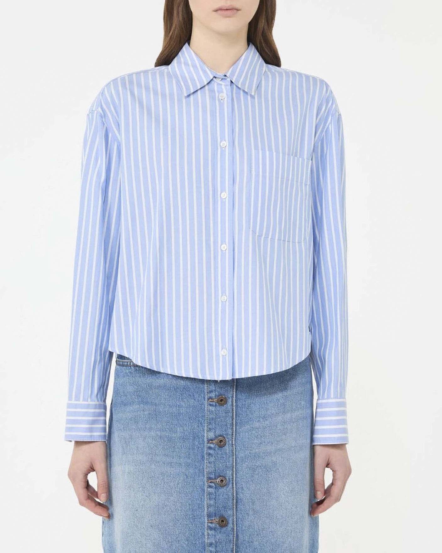 Camicia cropped a righe bianche e azzurre Weekend in Oxford di cotone con taschino applicato sul petto