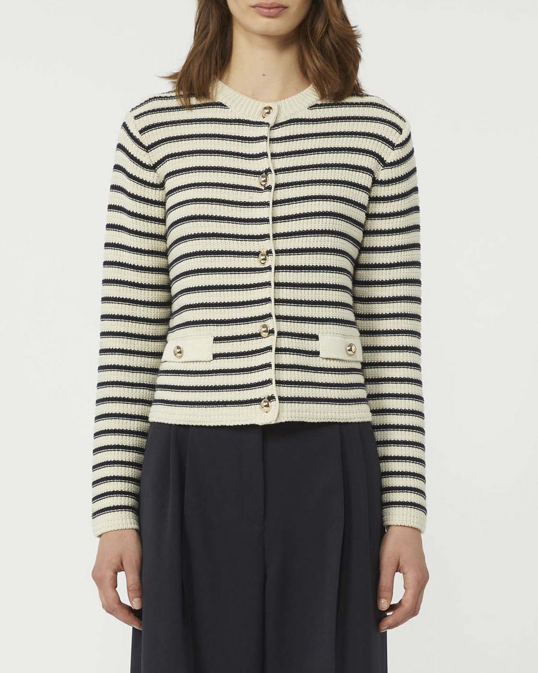 Cardigan cropped a righe avorio e blu Weekend Max Mara in cotone lavorato a punto Links