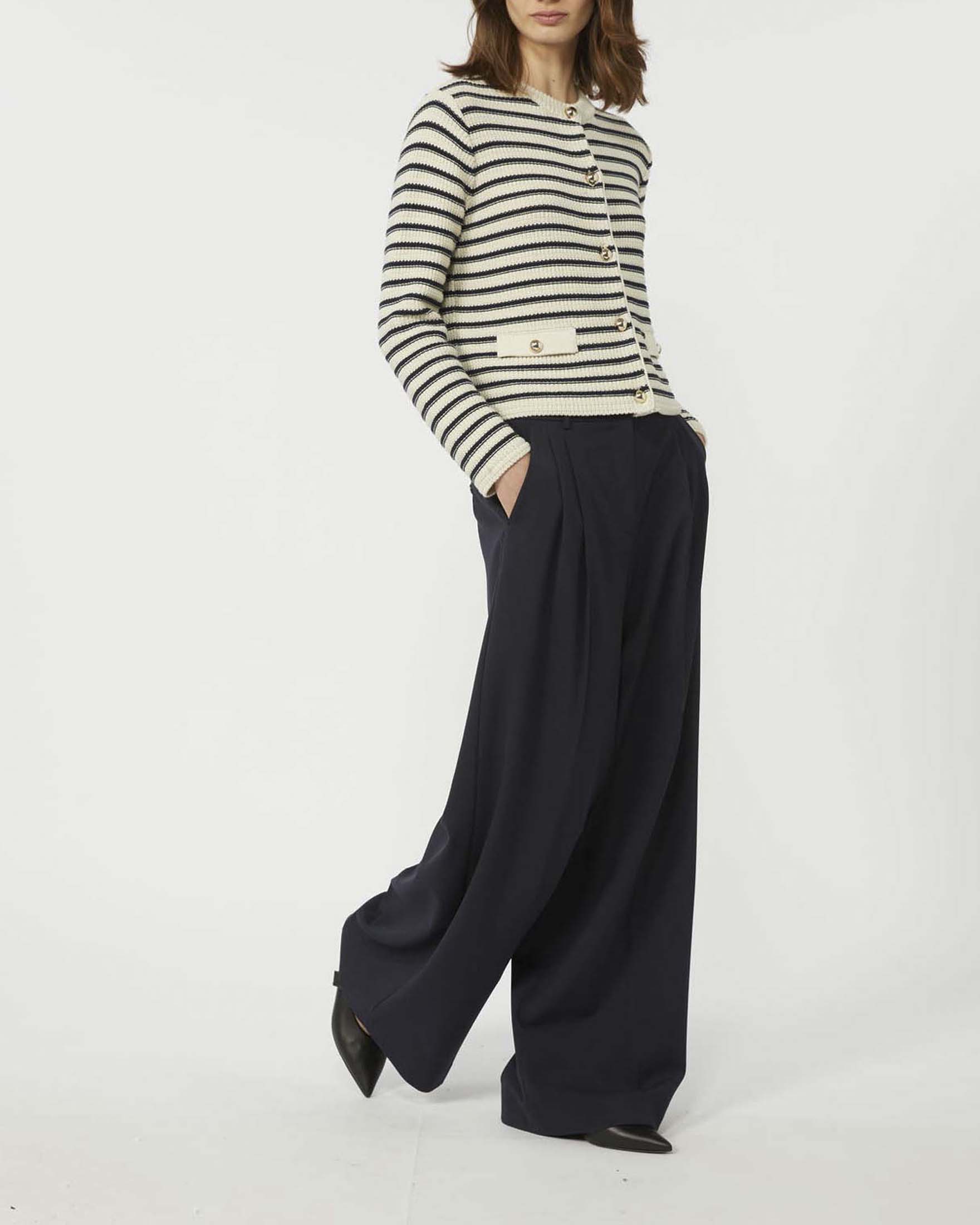 Cardigan cropped a righe avorio e blu Weekend Max Mara in cotone lavorato a punto Links image