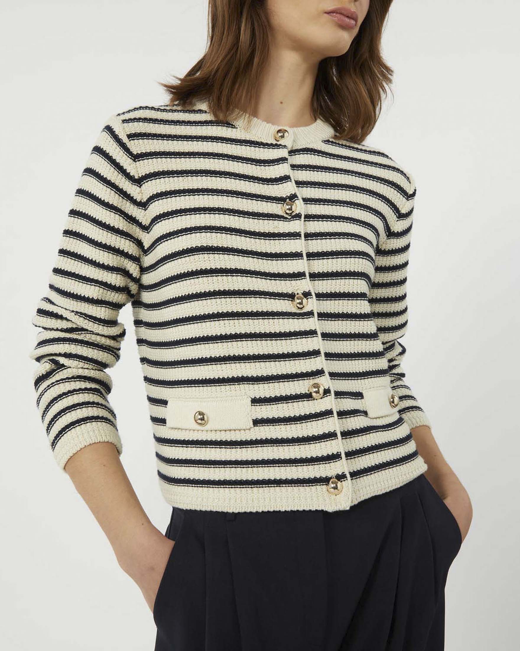 Cardigan cropped a righe avorio e blu Weekend Max Mara in cotone lavorato a punto Links