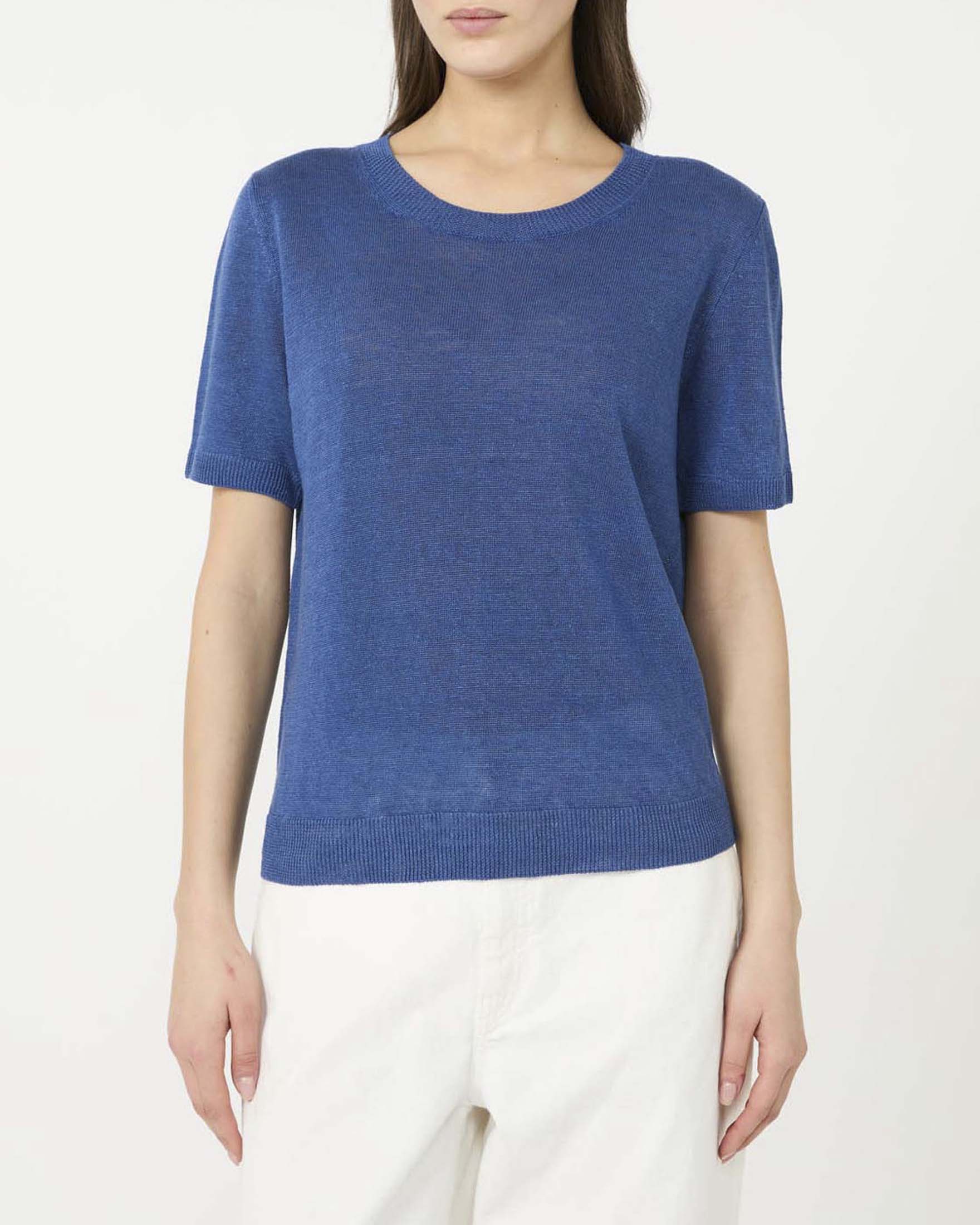 Maglia blu Weekend in puro lino a maniche corte