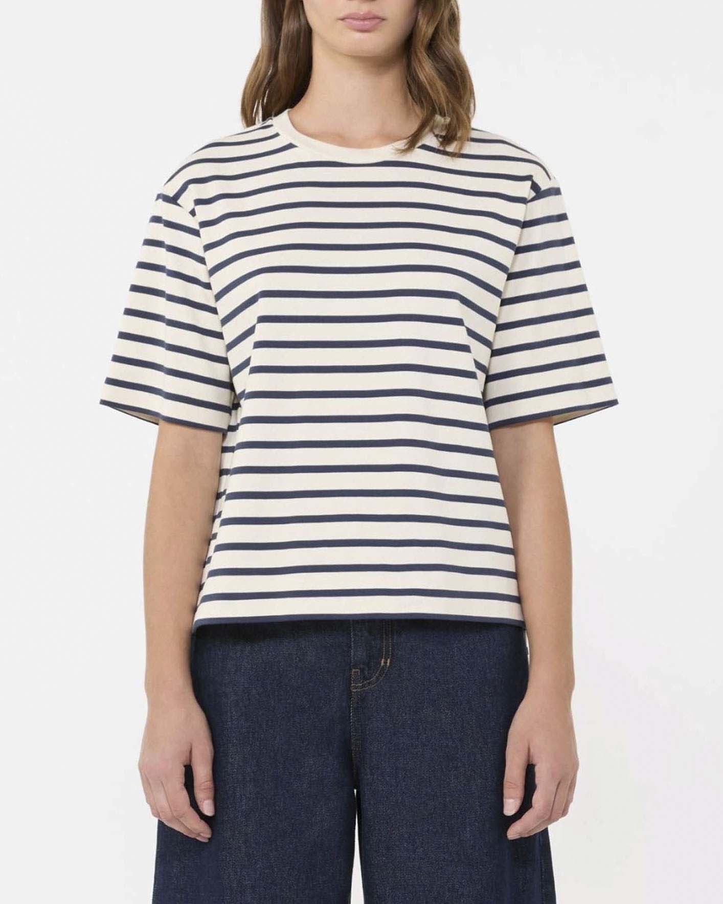 T-shirt boxy Weekend a righe avorio e blu in cotone con fondo più lungo sul retro