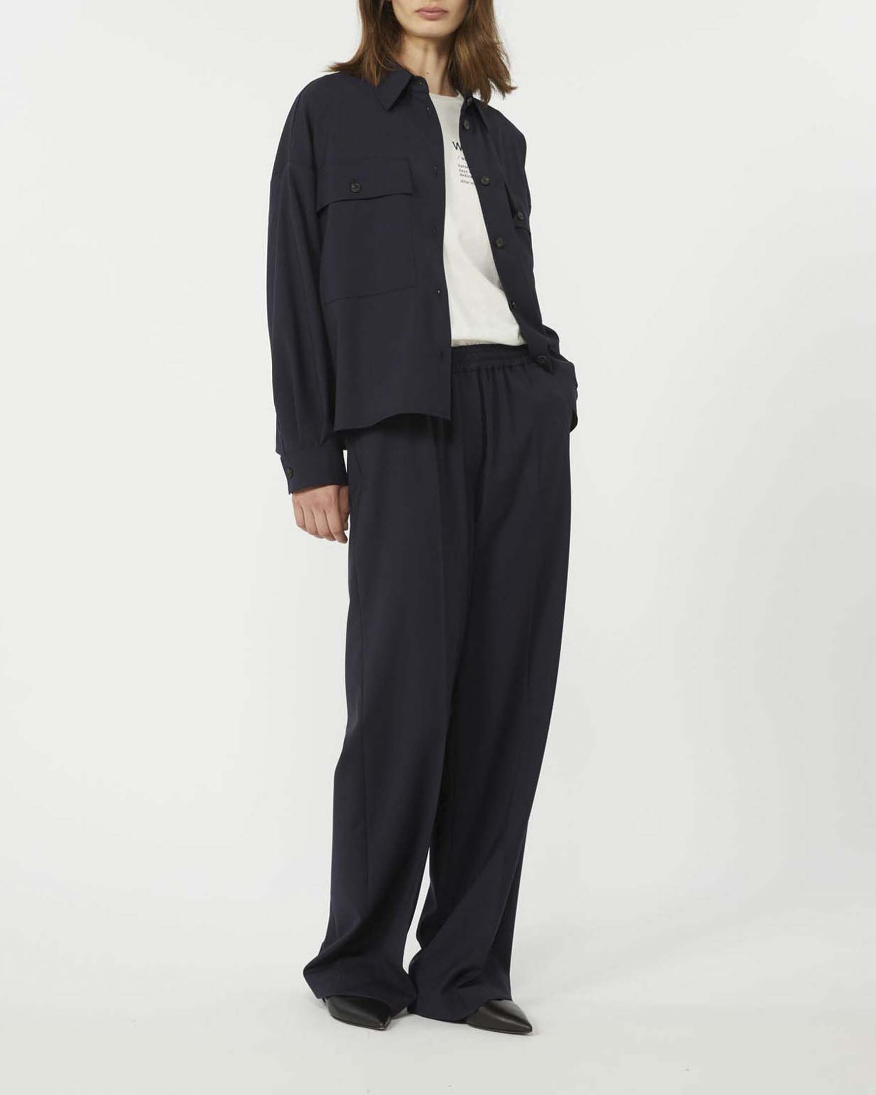 Pantaloni straight blu Weekend Max Mara in pura tela di lana con elastico in vita