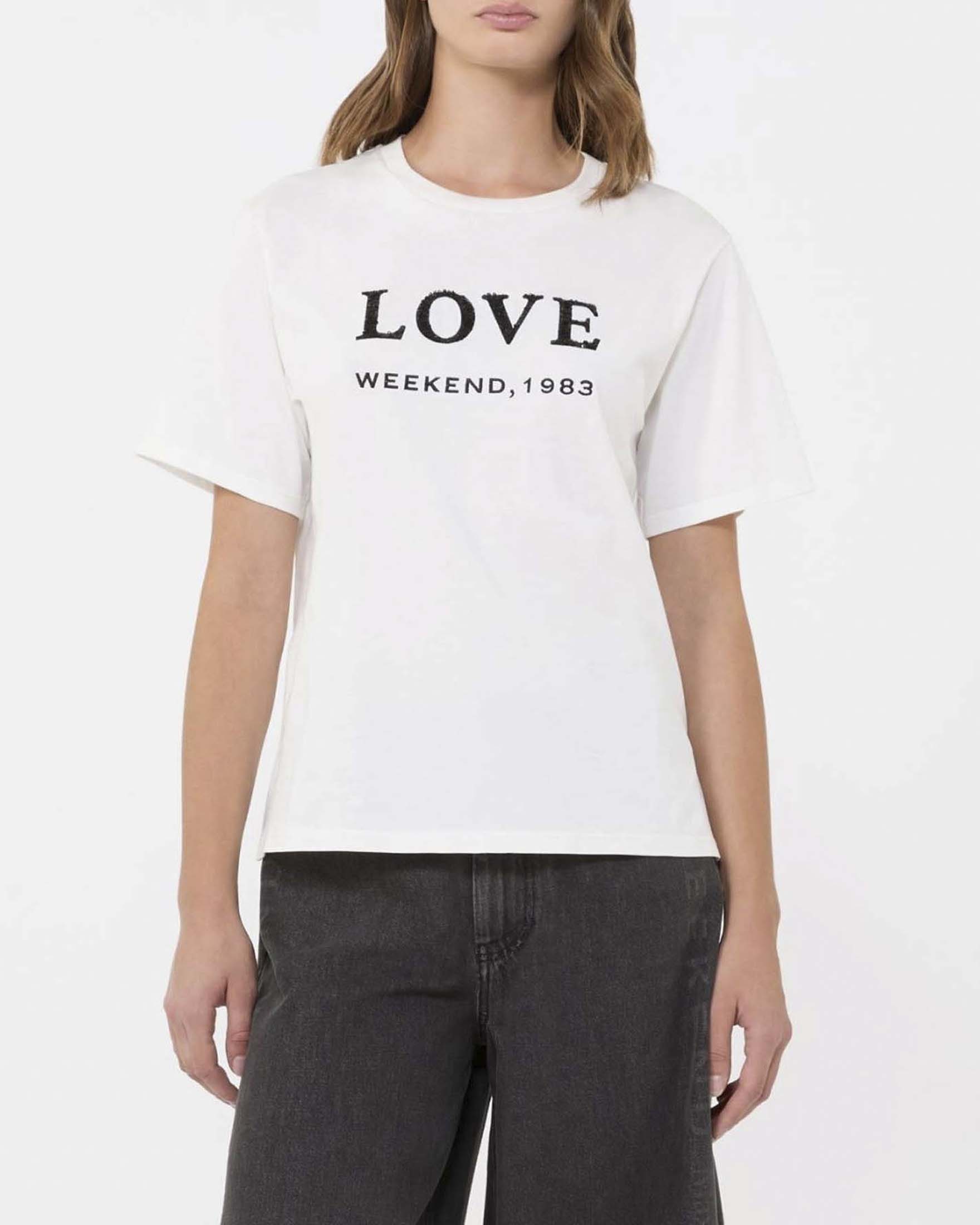 T-shirt bianca in cotone Weekend a maniche corte con ricamo Love in paillettes