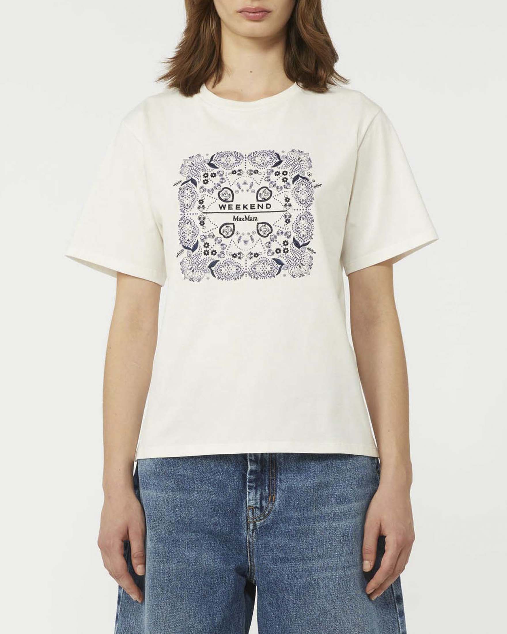 T-shirt bianca in cotone Weekend Max Mara a maniche corte con ricamo logo a motivo bandana