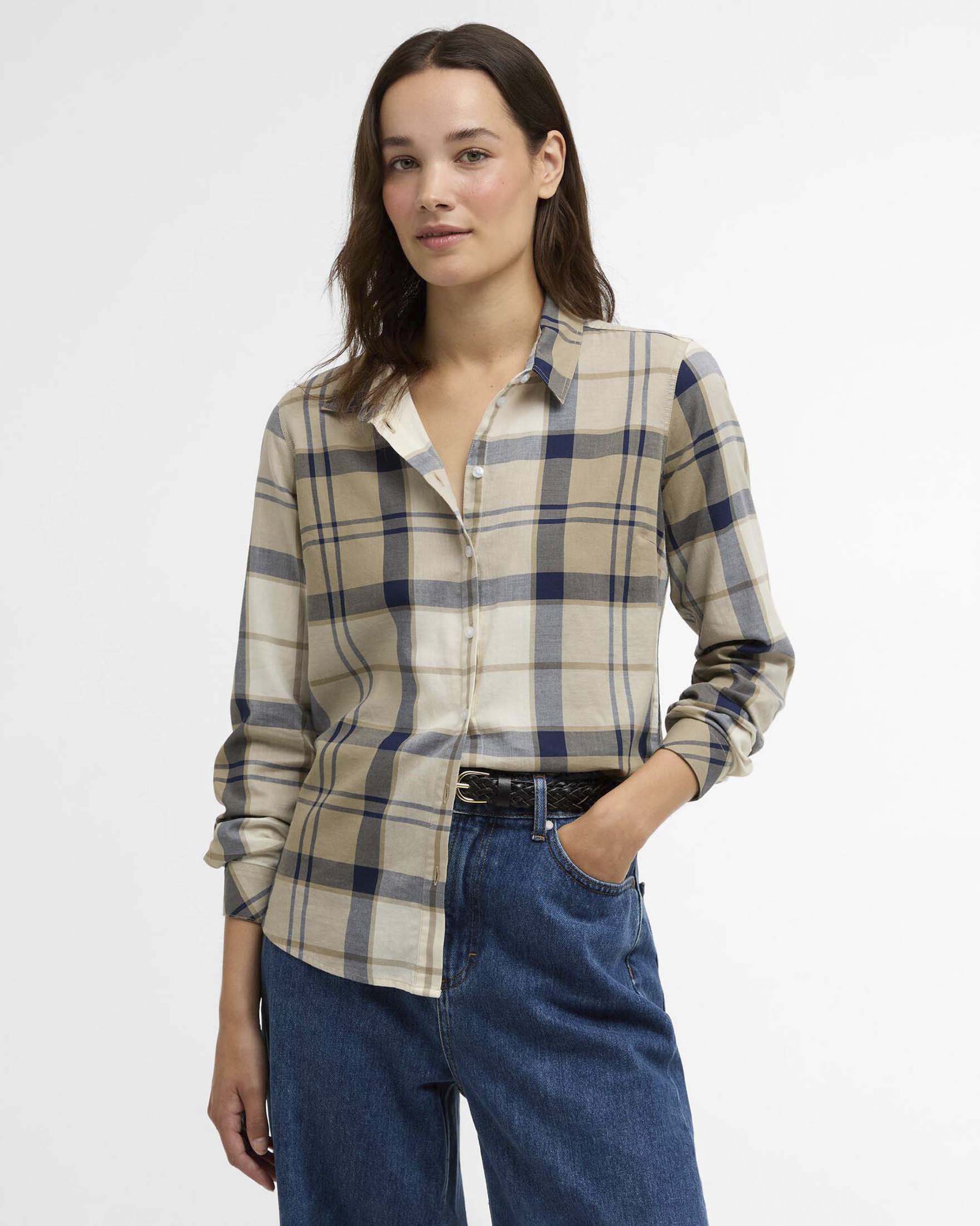 Camicia Barbour Bredon a fantasia tartan beige e blu in puro cotone image