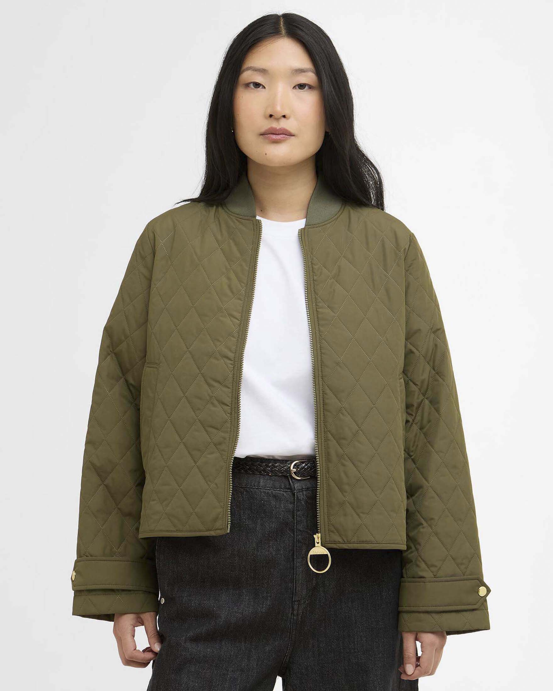 Giacca trapuntata a rombi Barbour Whillan verde militare con zip frontale image