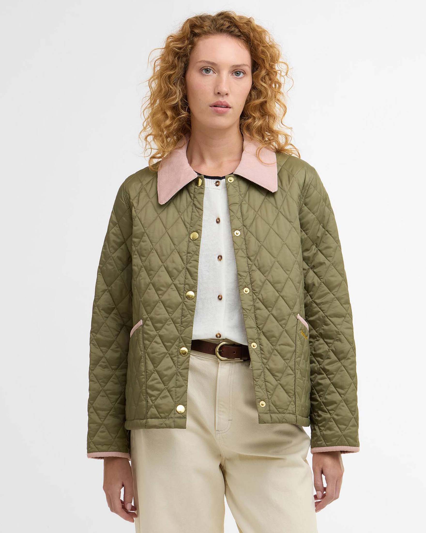 Giacca trapuntata Barbour Liddesdale Cropped verde militare con colletto in velluto rosa image