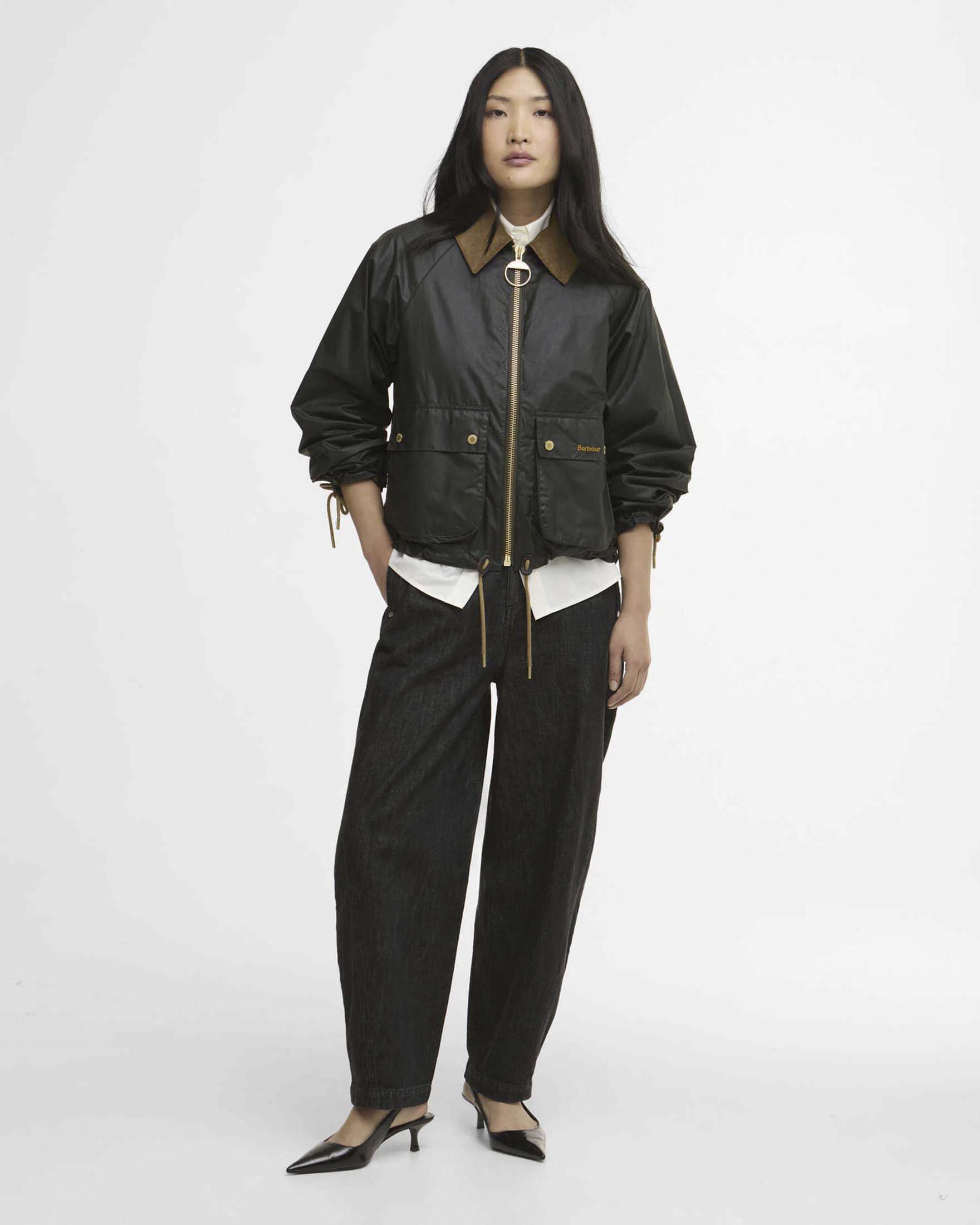 Giacca cerata verde scuro Barbour Marron con coulisse in vita e sui polsini