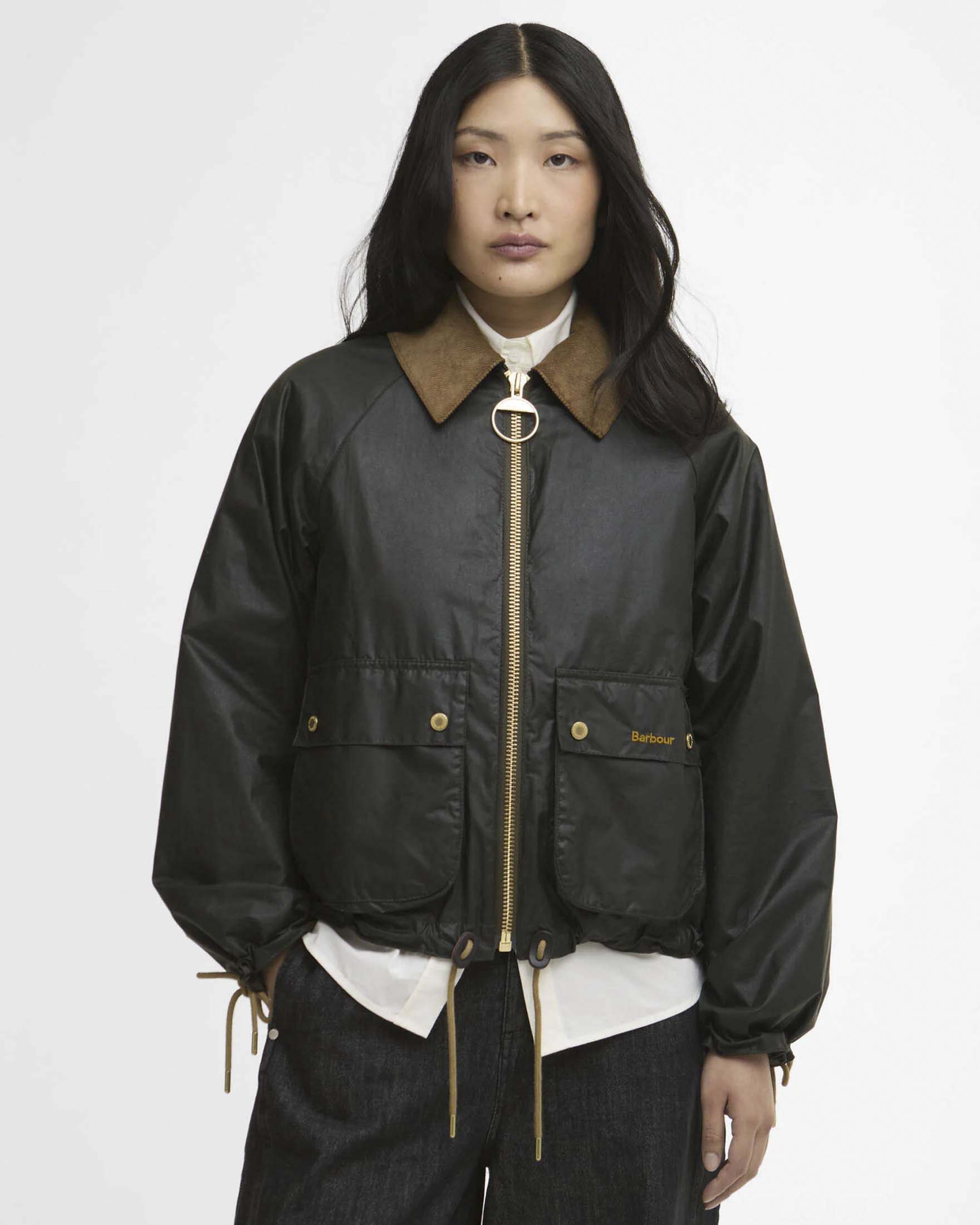 Giacca cerata verde scuro Barbour Marron con coulisse in vita e sui polsini image