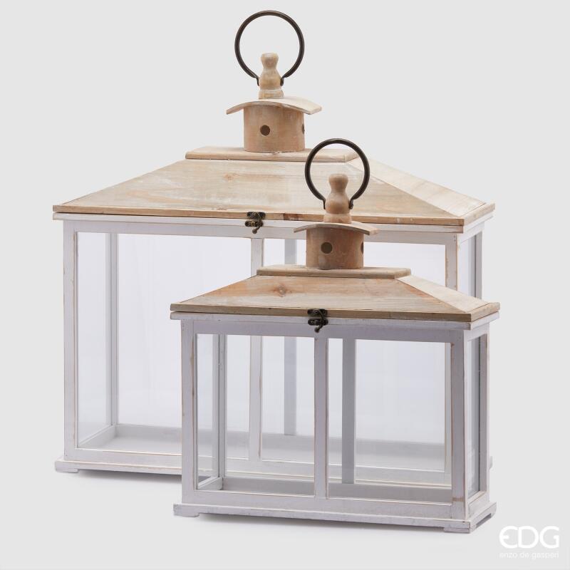 Lanterna in Legno con Tetto Set 2 pz. 41,5x15,5x52h + 61,5x21,5x70h Edg