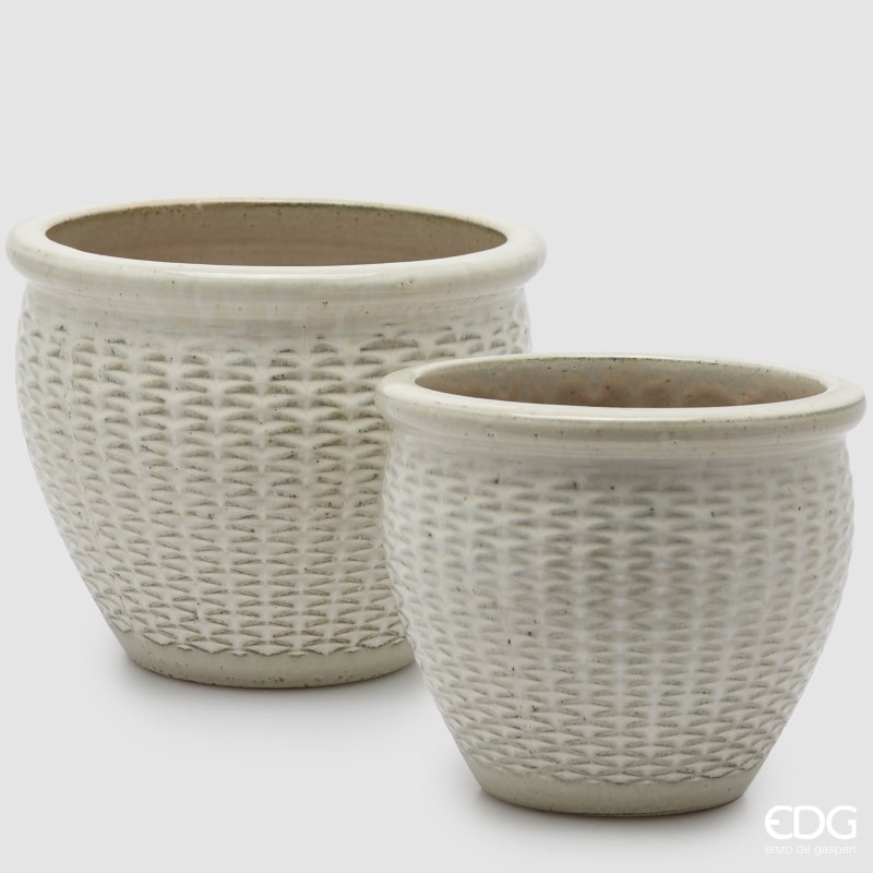 Vaso in Ceramica Cachepot Bianco Righe Bombato Set 2 pz. d.24 h.20 + d.30 h.24 Edg