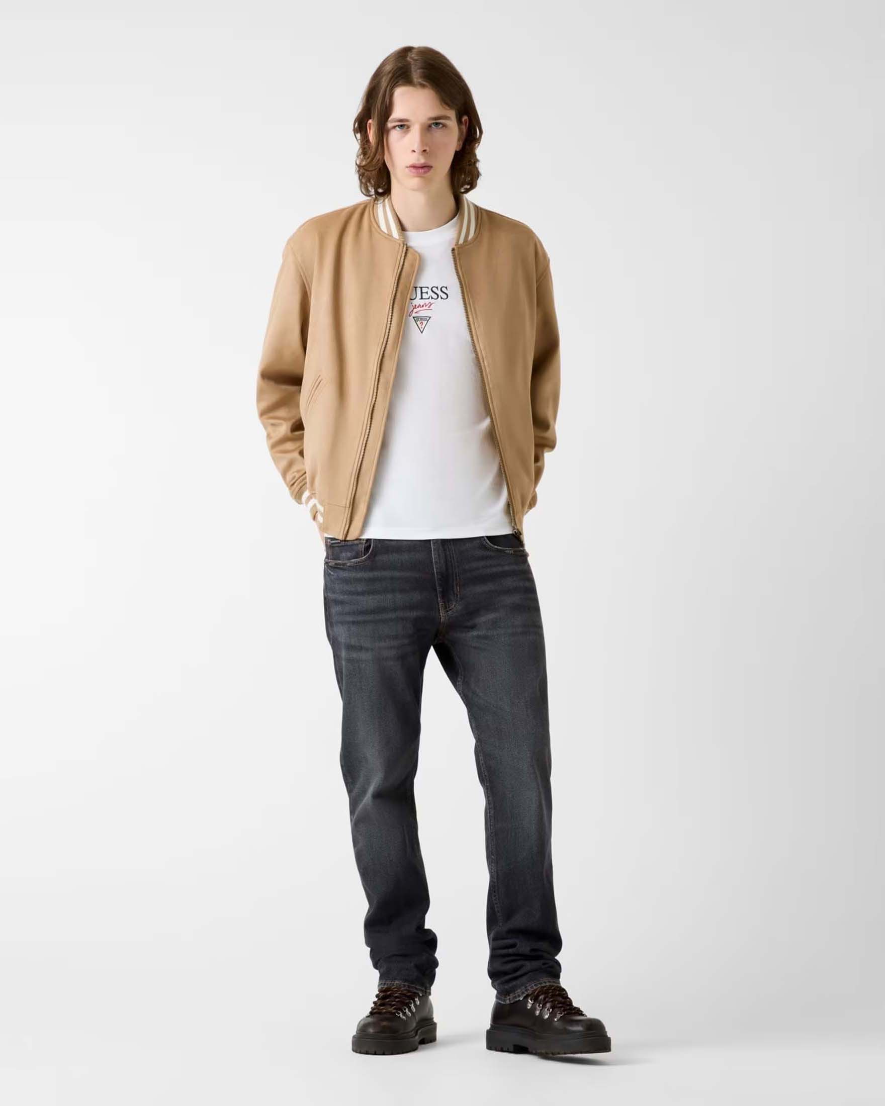 Giubbino bomber Jeans sabbia in similpelle con logo ricamato