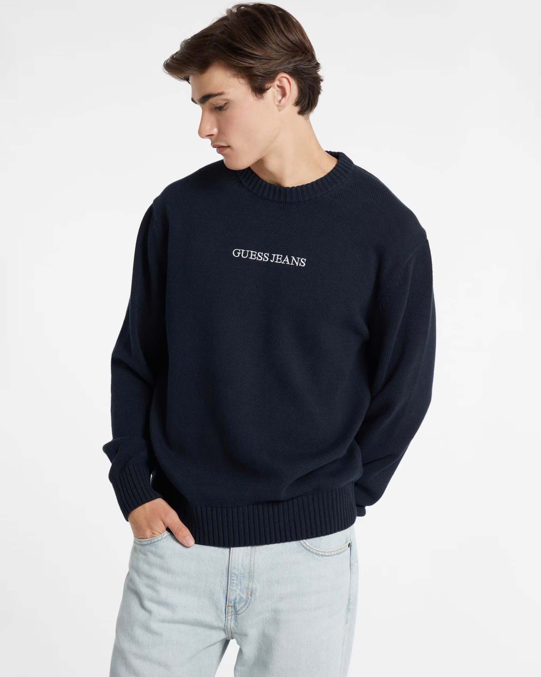 Maglia girocollo Guess Jeans blu scuro in cotone con logo ricamato image