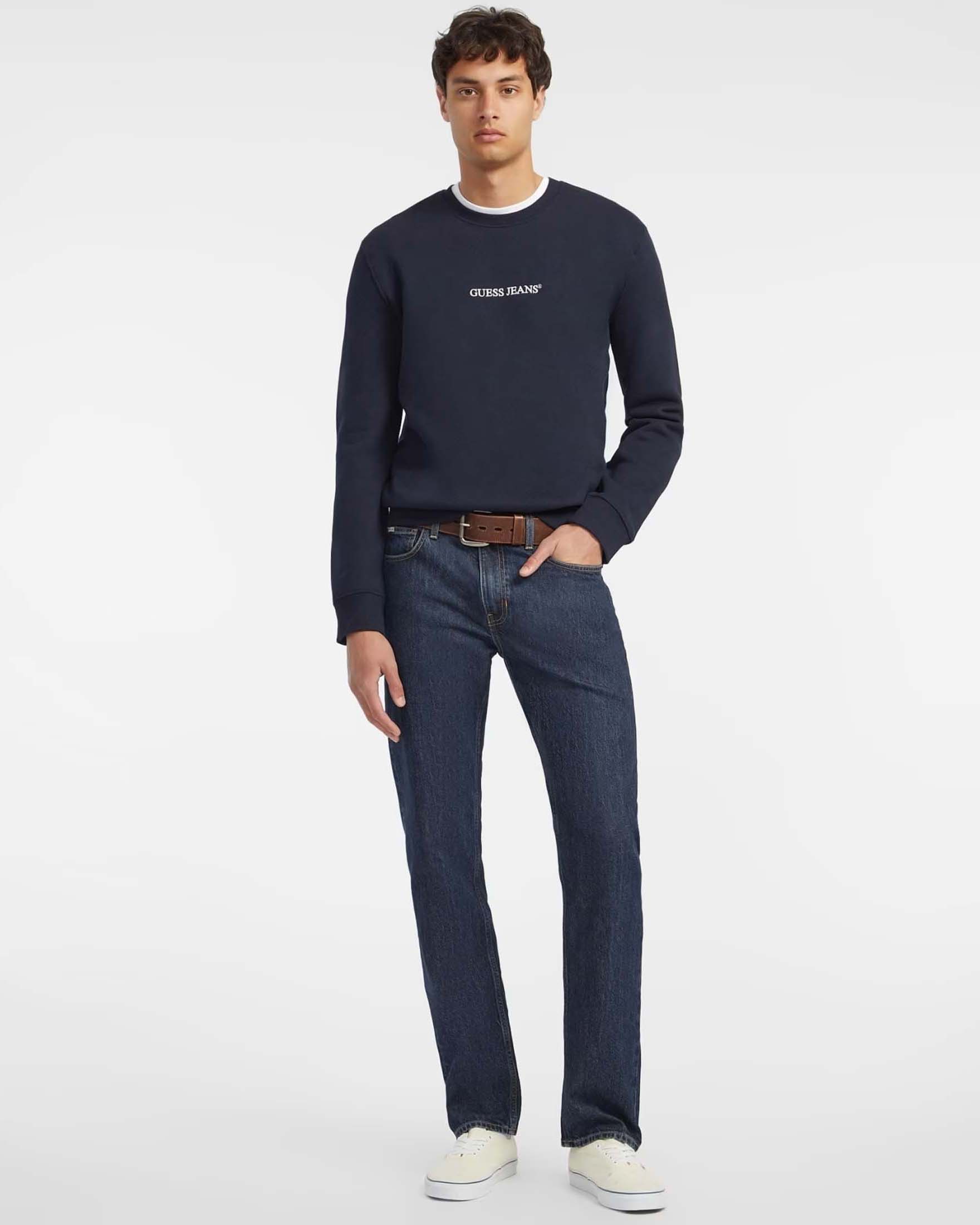 Felpa girocollo Guess Jeans blu scuro in misto cotone con logo ricamato