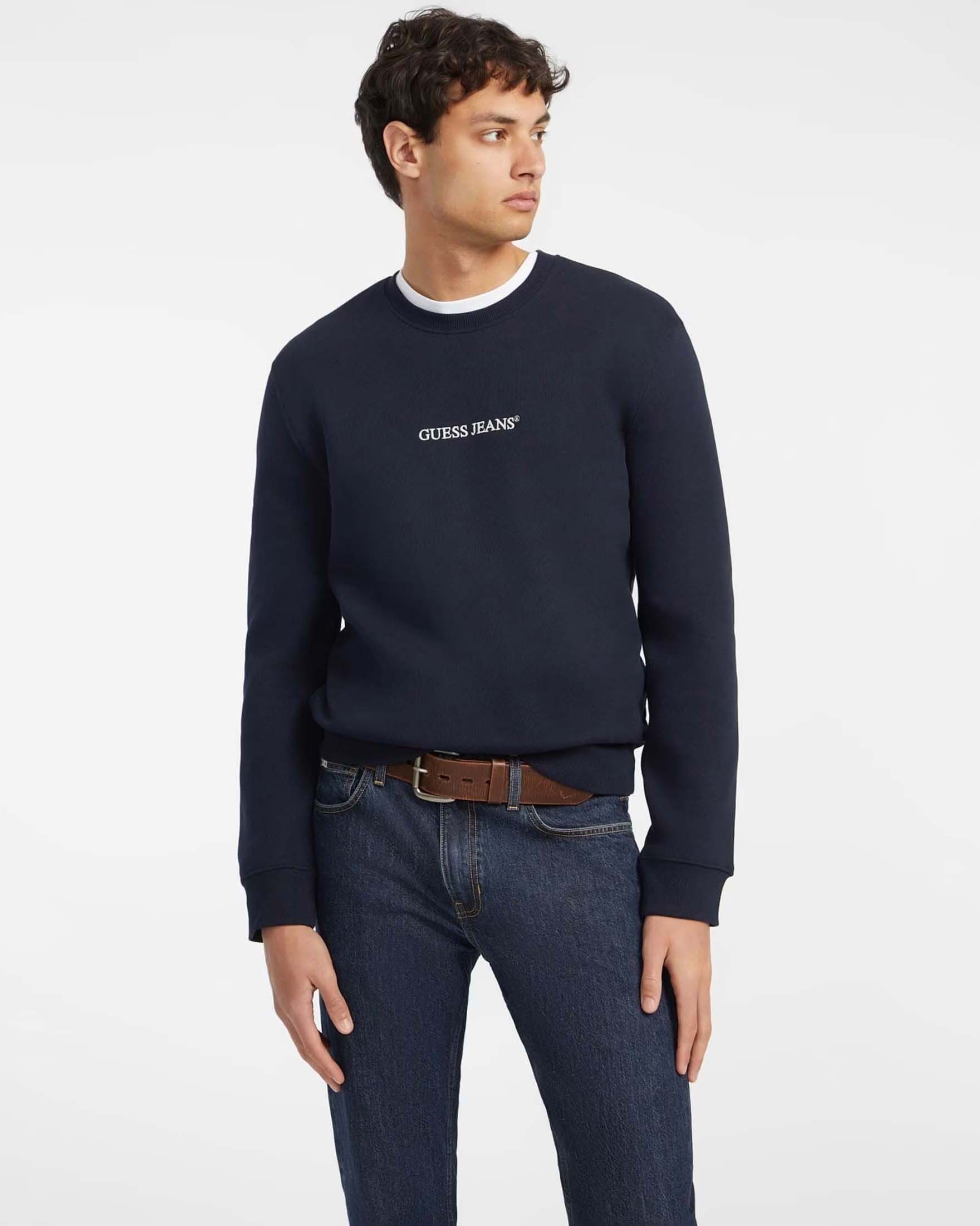 Felpa girocollo Guess Jeans blu scuro in misto cotone con logo ricamato image