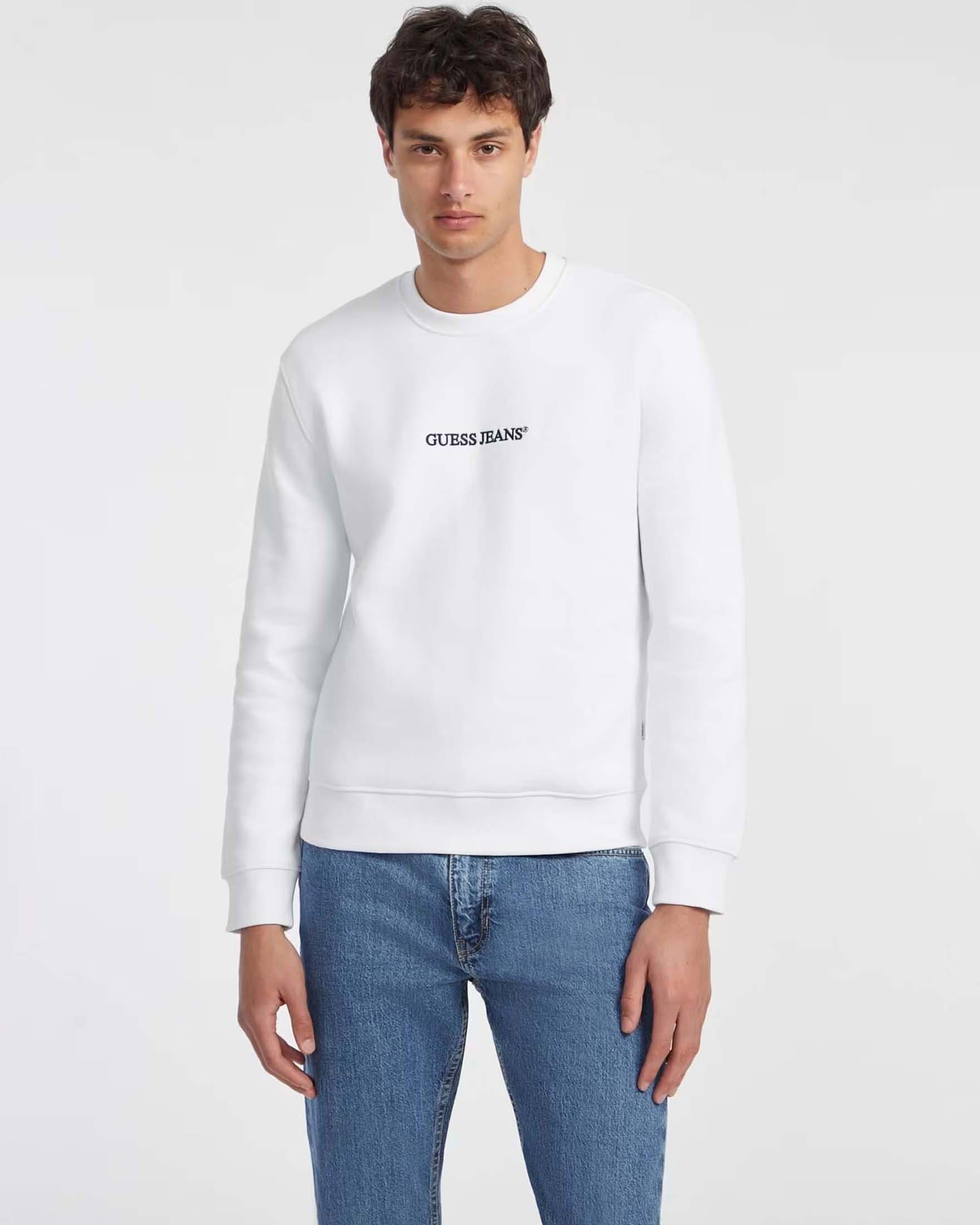 Felpa girocollo Guess Jeans bianca in misto cotone con logo ricamato image