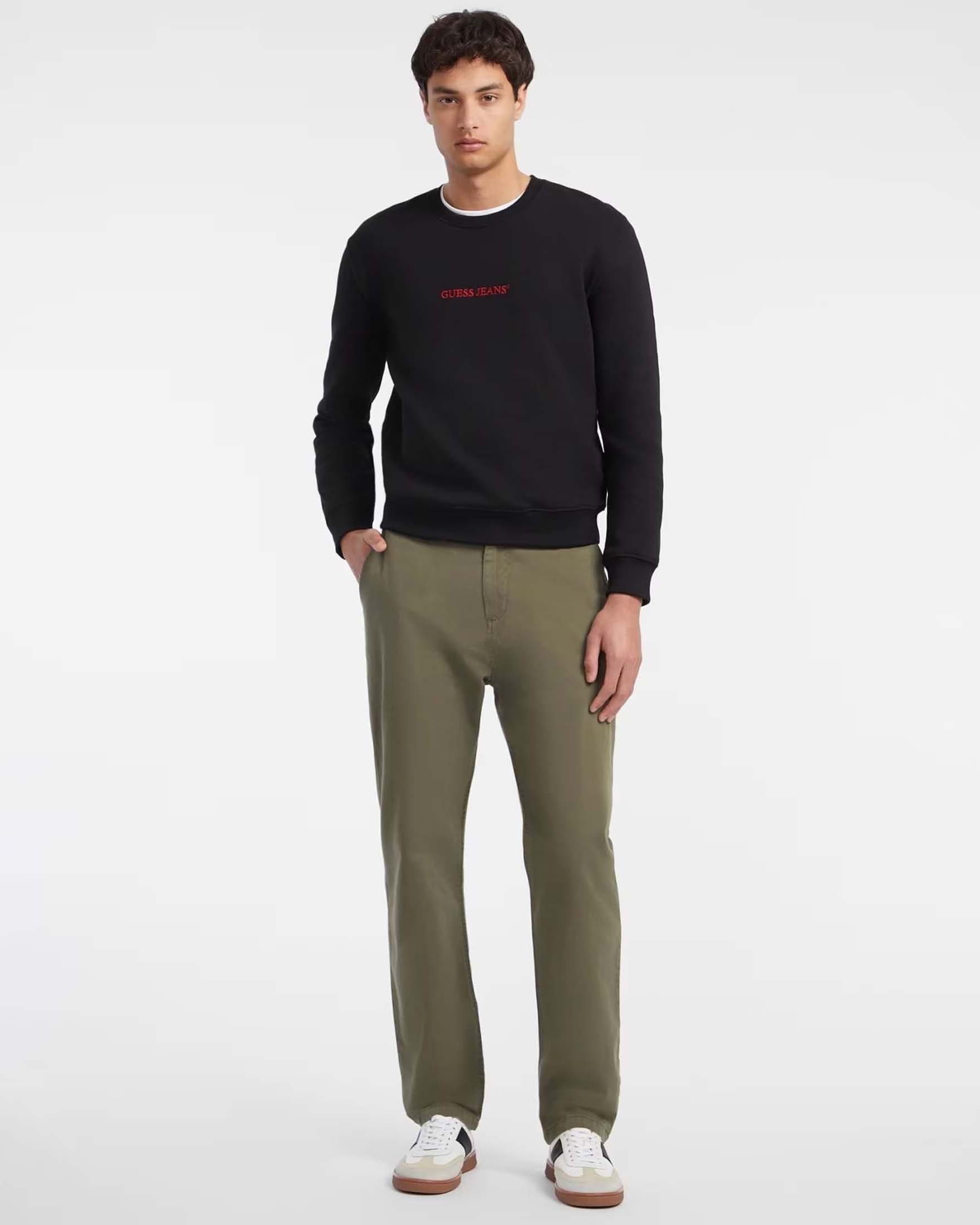 Felpa girocollo Guess Jeans nera in misto cotone con logo ricamato