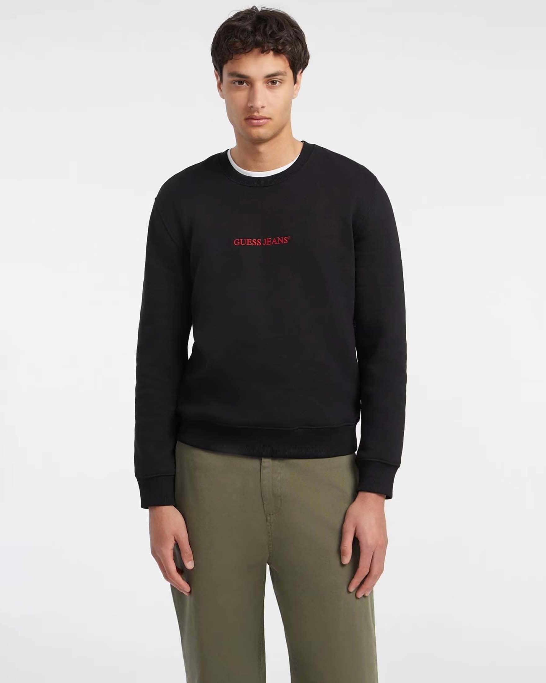 Felpa girocollo Guess Jeans nera in misto cotone con logo ricamato image