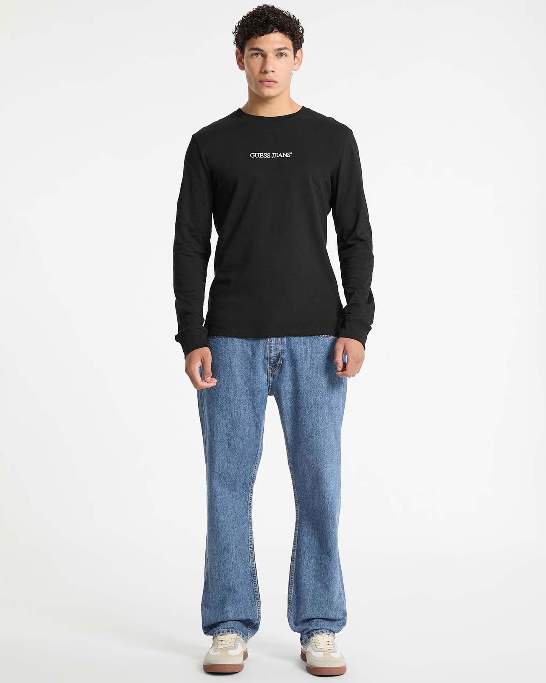 T-shirt manica lunga Guess Jeans nera in cotone con logo ricamato sul petto