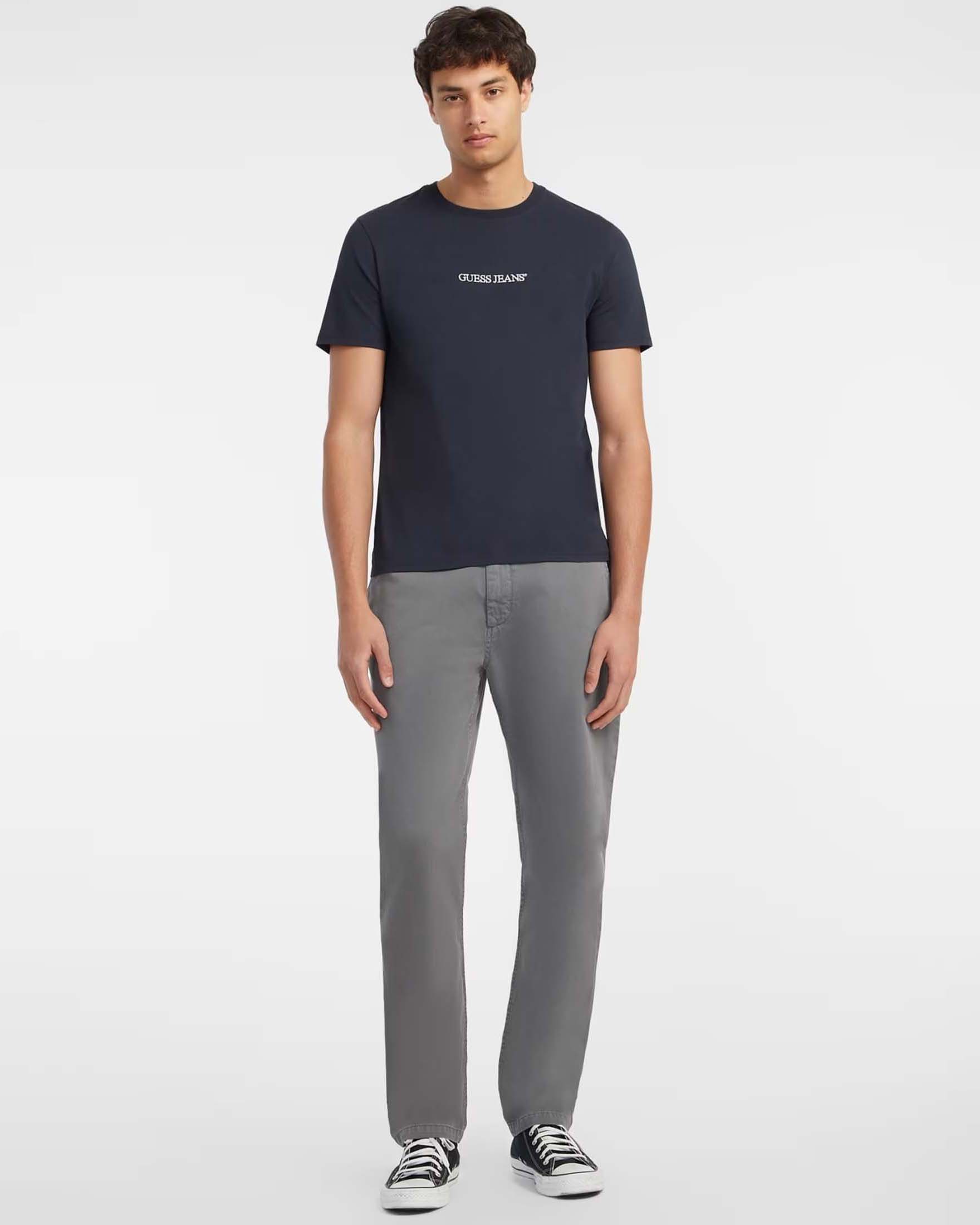 T-shirt Guess Jeans blu in cotone con logo centrale ricamato