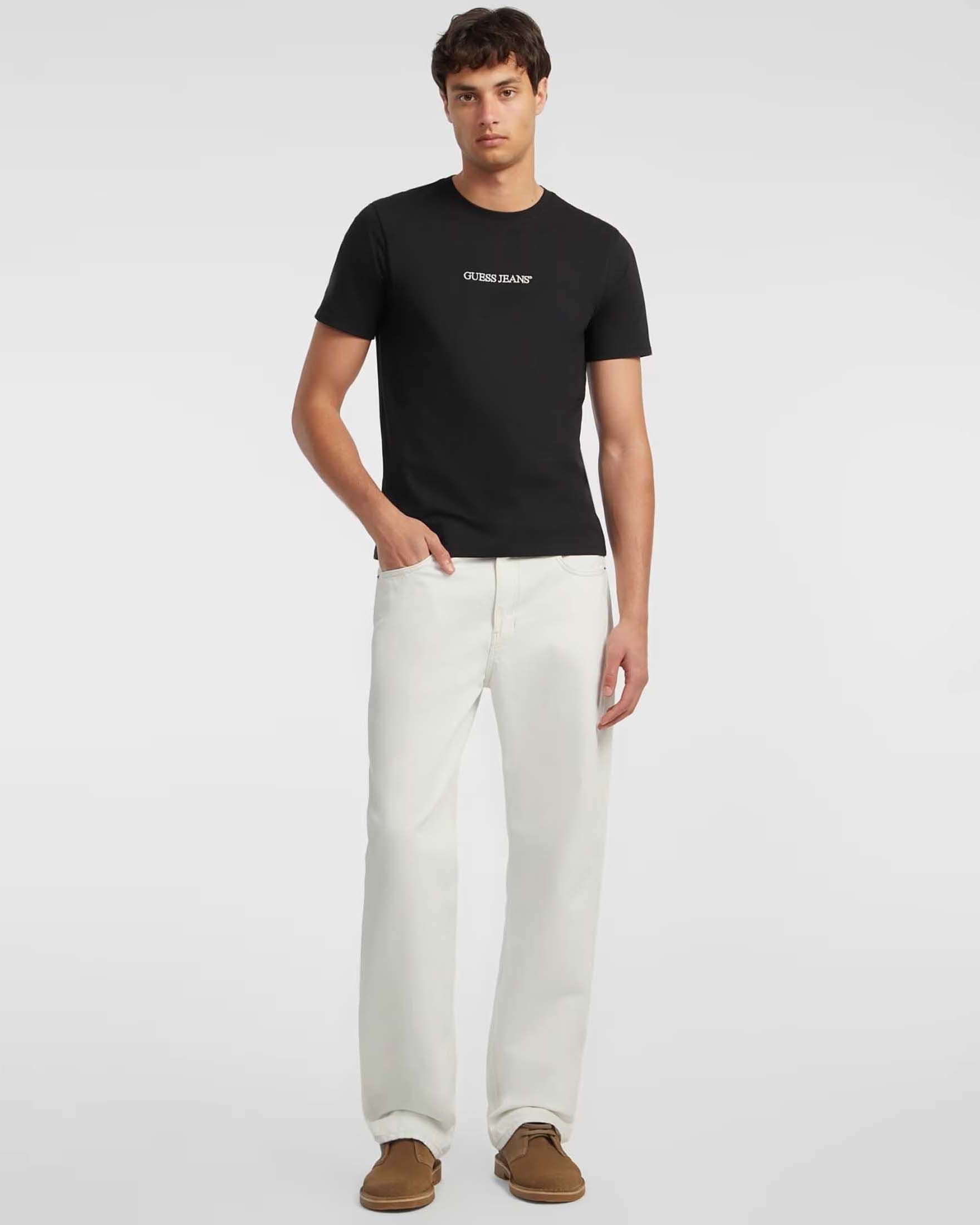 T-shirt Jeans nera in cotone con logo ricamato sul petto