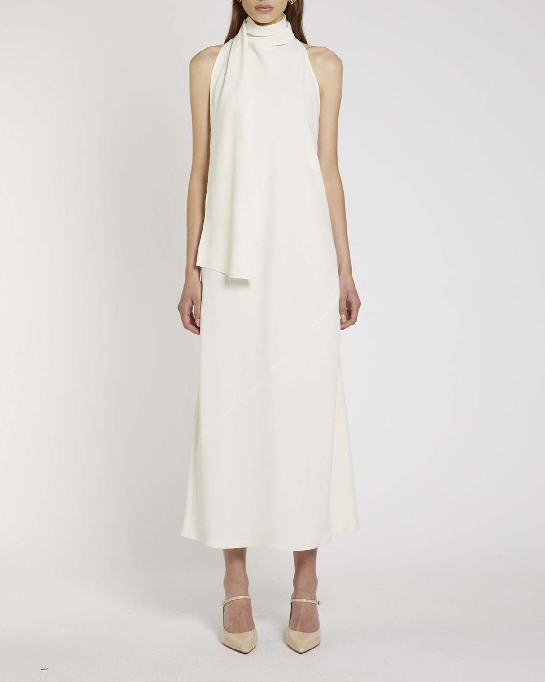 Abito longuette bianco Marella 365 in crêpe envers satin con fusciacca