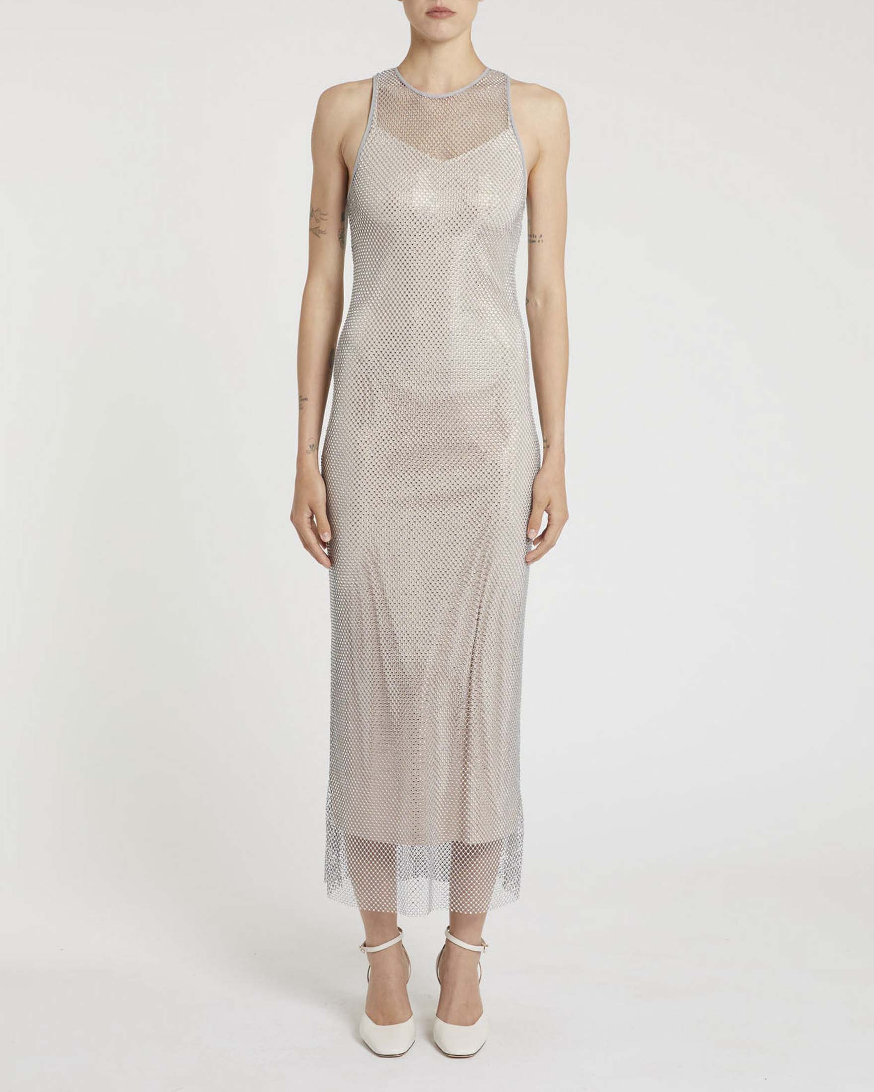 Abito lungo in rete argento Marella con strass