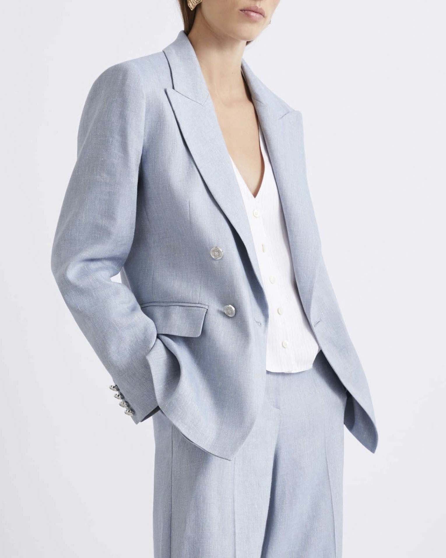 Blazer doppiopetto azzurro Marella in misto lino con rever a lancia