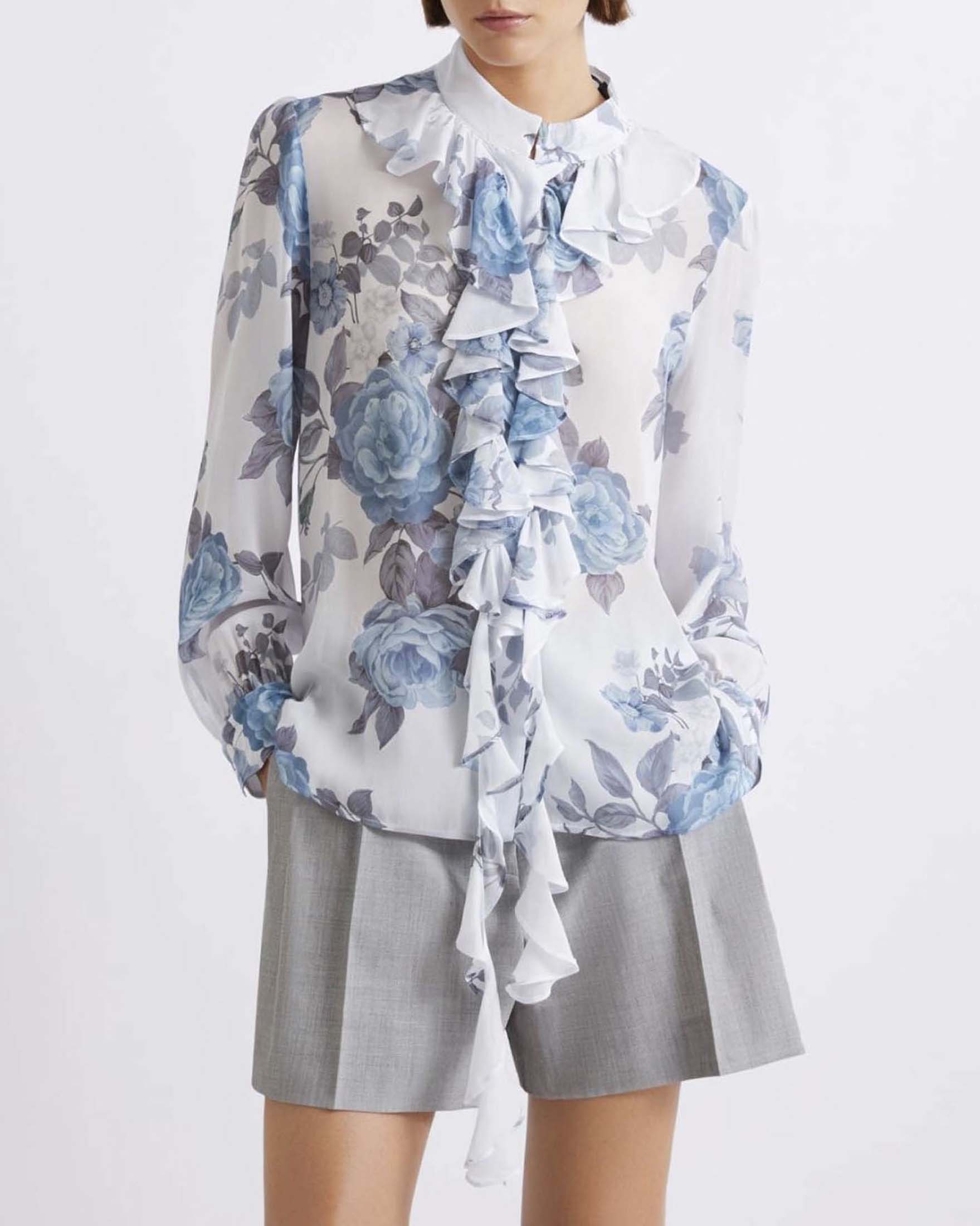 Camicia azzurra Marella in georgette floreale con rouche sul fronte