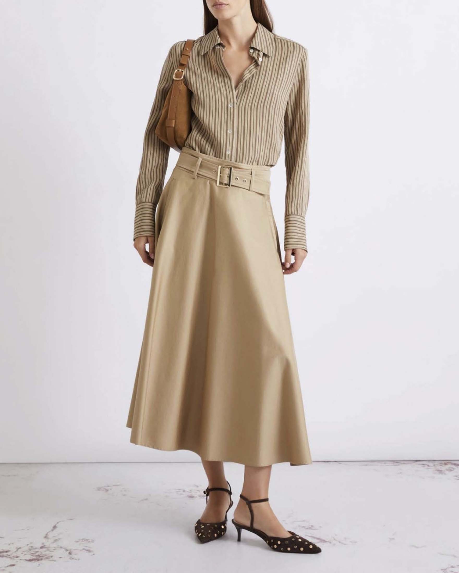 Gonna midi a ruota color nocciola Marella in cotone antigoccia con cintura in tessuto e fibbia coordinata