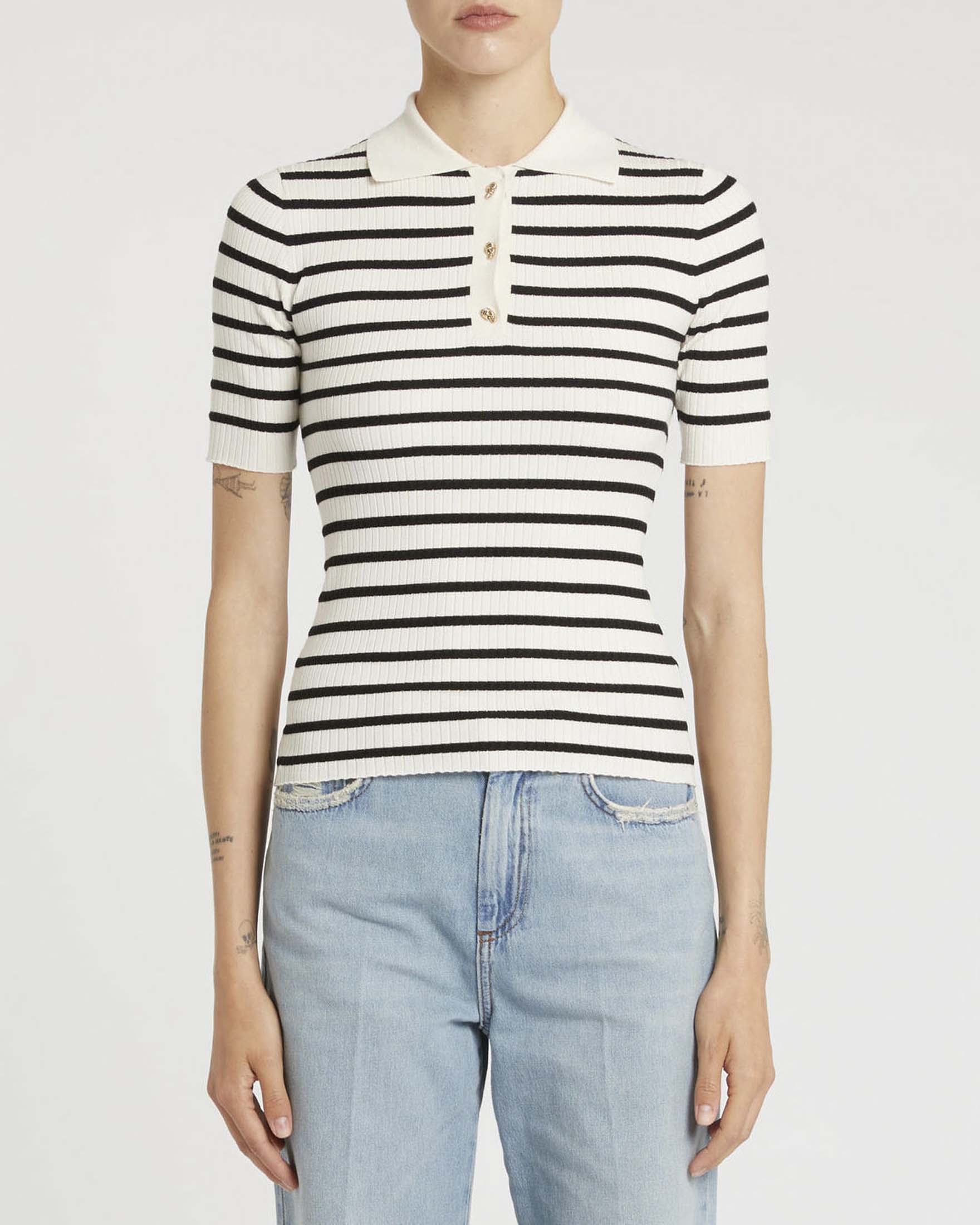 Maglia polo a righe bianche e blu a manica corta Marella con lavorazione a coste