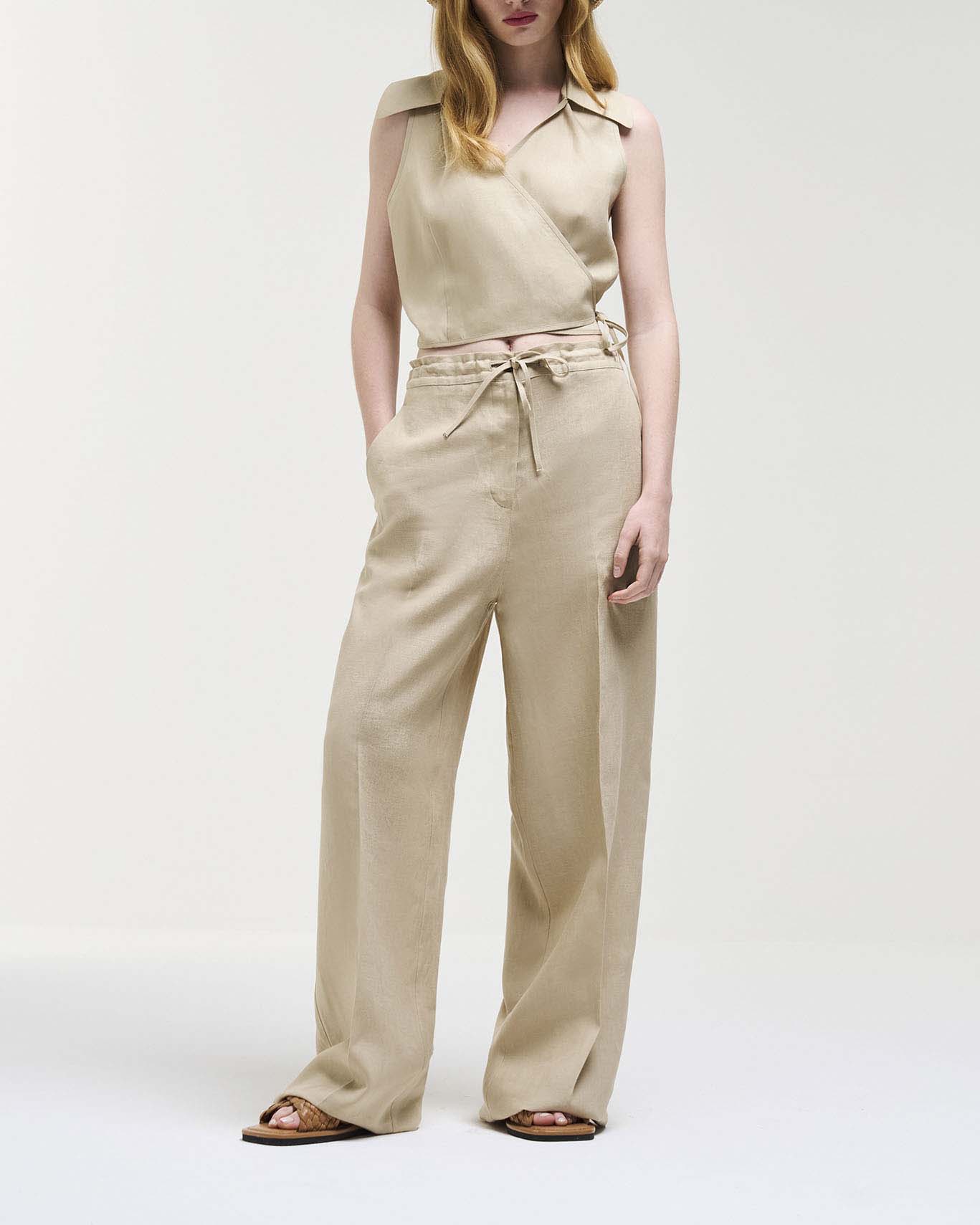 Pantaloni beige Originals a palazzo in puro lino con elastico e coulisse in vita