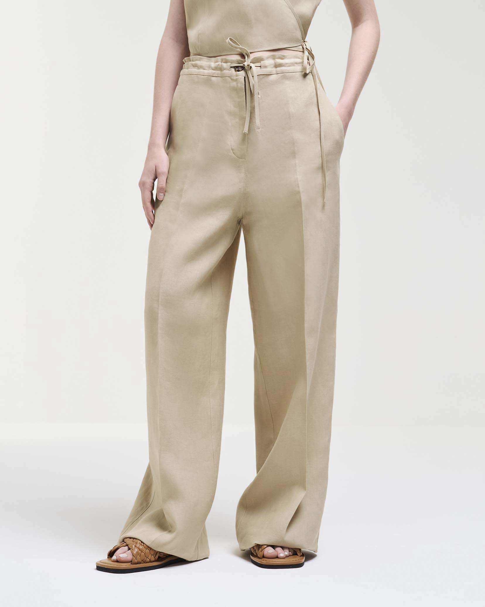 Pantaloni beige Colmar Originals a palazzo in puro lino con elastico e coulisse in vita image