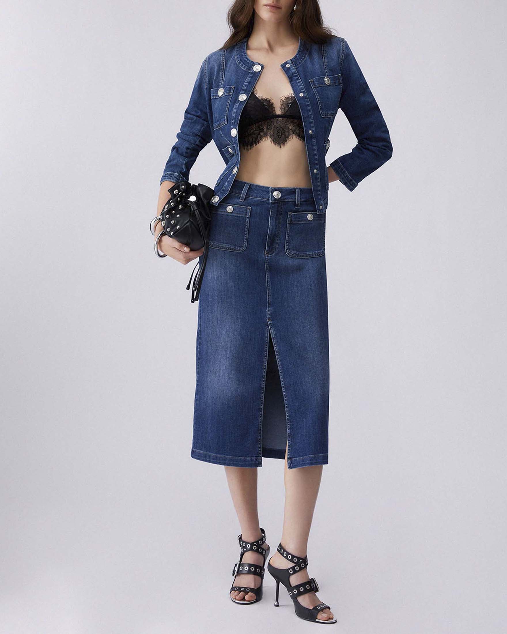 Giacca in denim girocollo Liu Jo con bottoni argentati