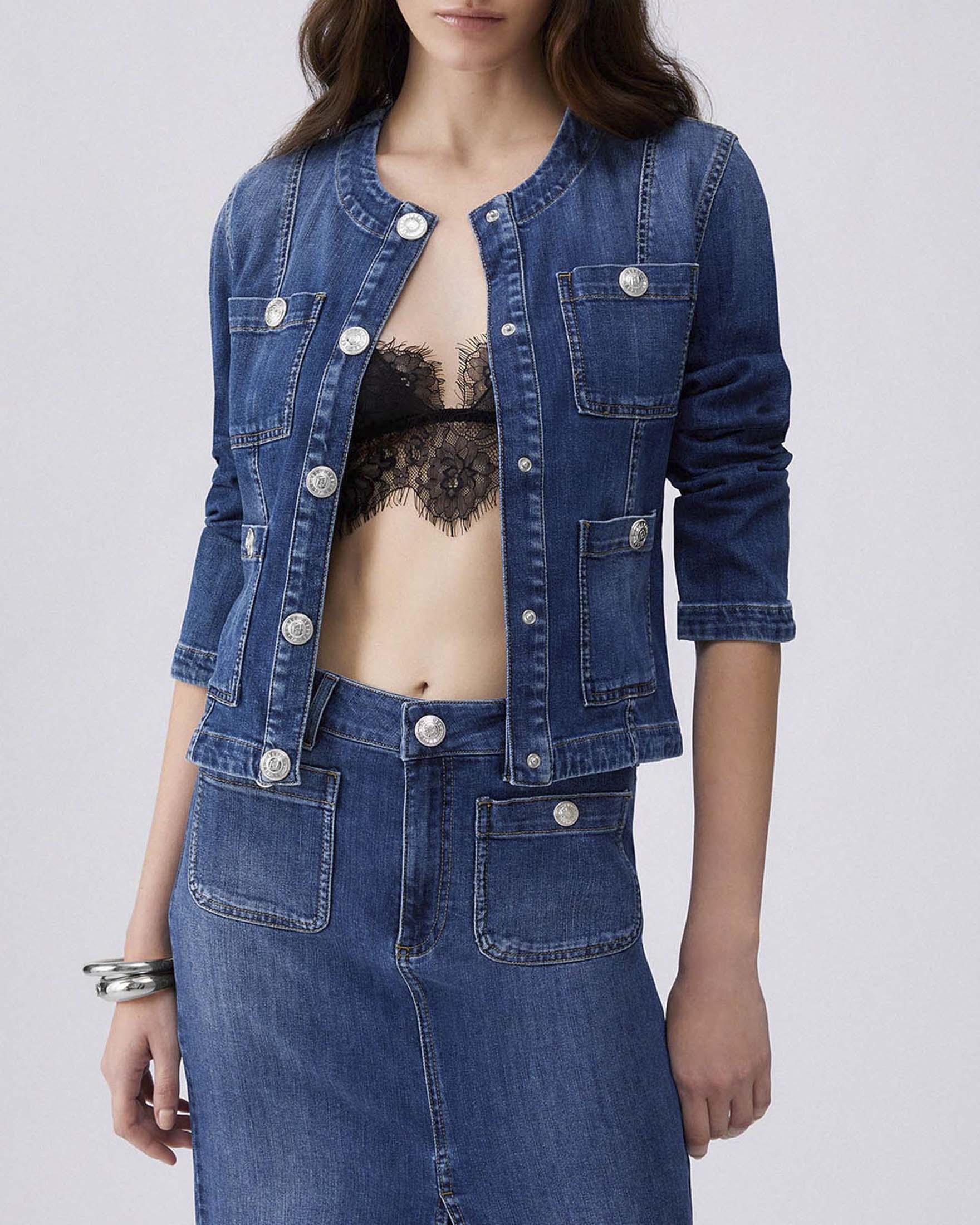 Giacca in denim girocollo Liu Jo con bottoni argentati image