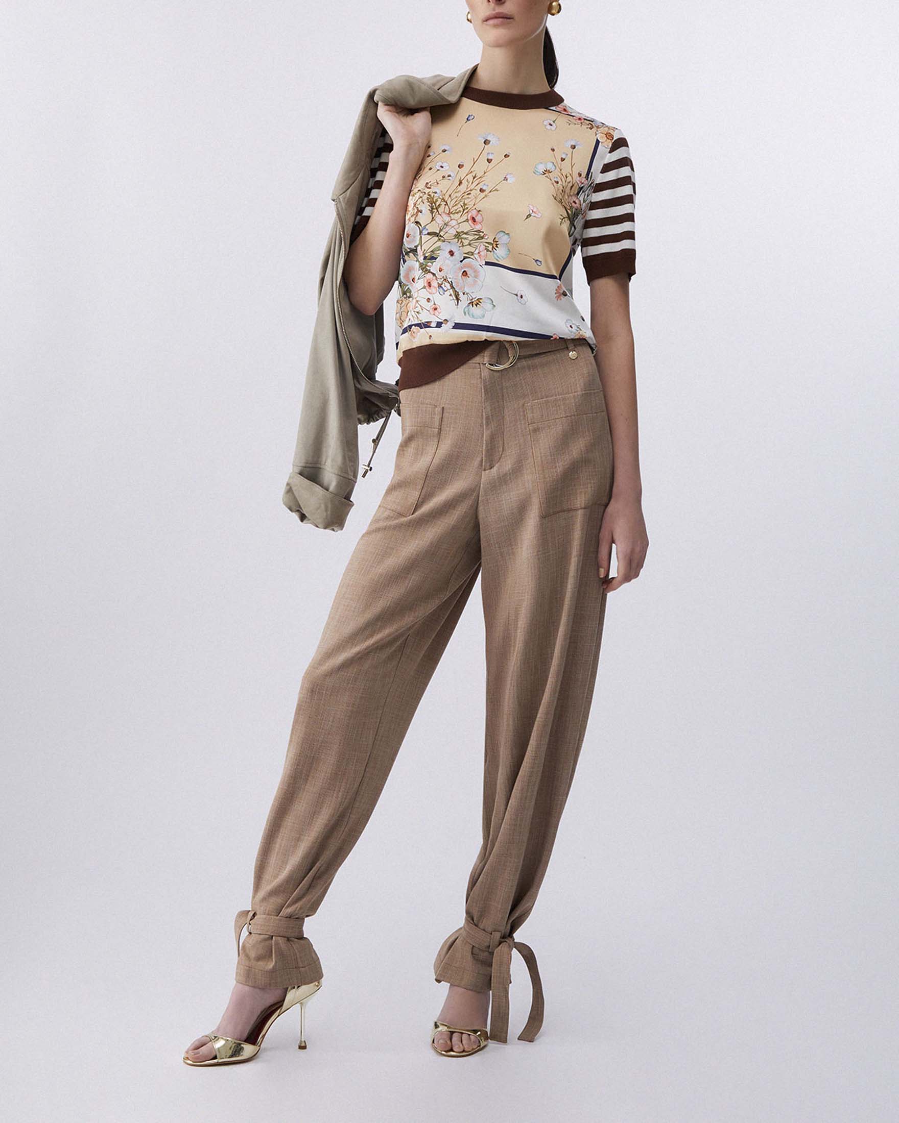 Maglia girocollo a righe bianche e marroni Liu Jo con inserti in twill stampato a fantasia floreale