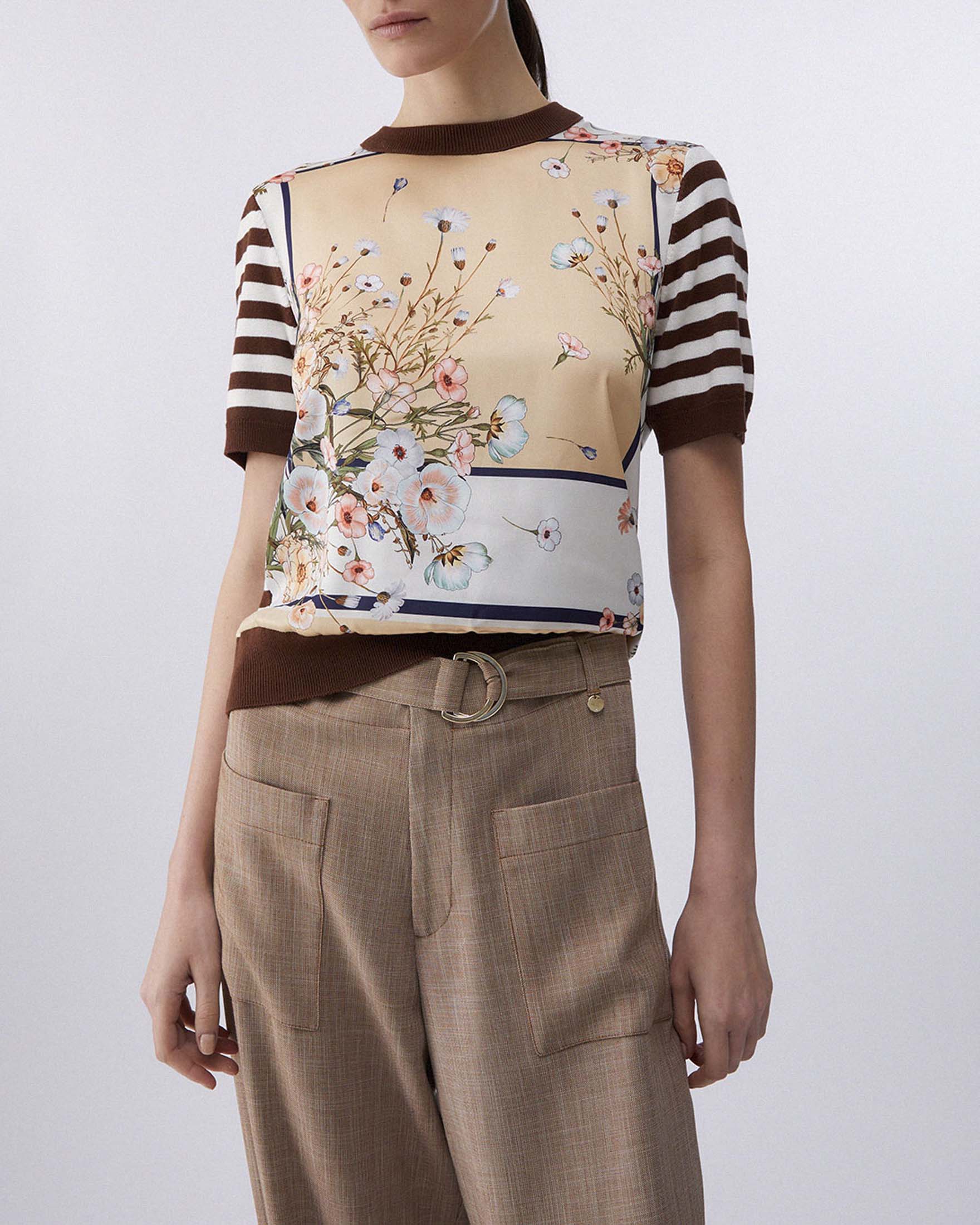 Maglia girocollo a righe bianche e marroni Liu Jo con inserti in twill stampato a fantasia floreale image